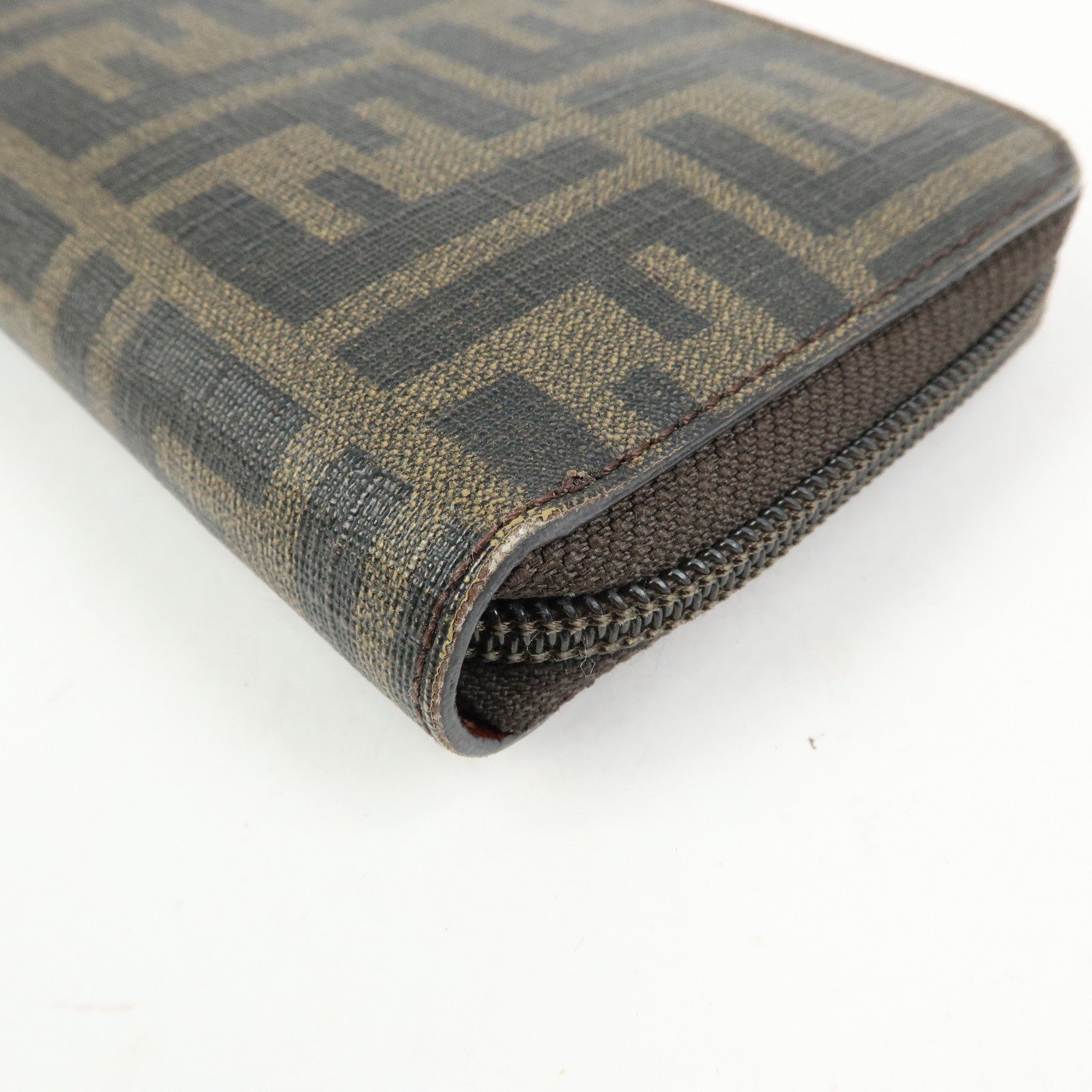 FENDI Zucchino Canvas Leather Round Zippy Long Wallet Brown 8M0024