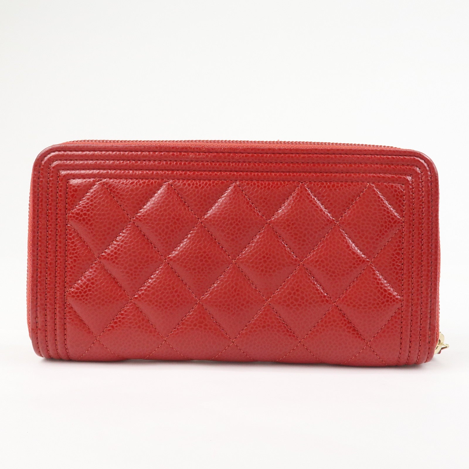 CHANEL BOY CHANEL Caviarskin Round Zippy Wallet Red Gold A68912