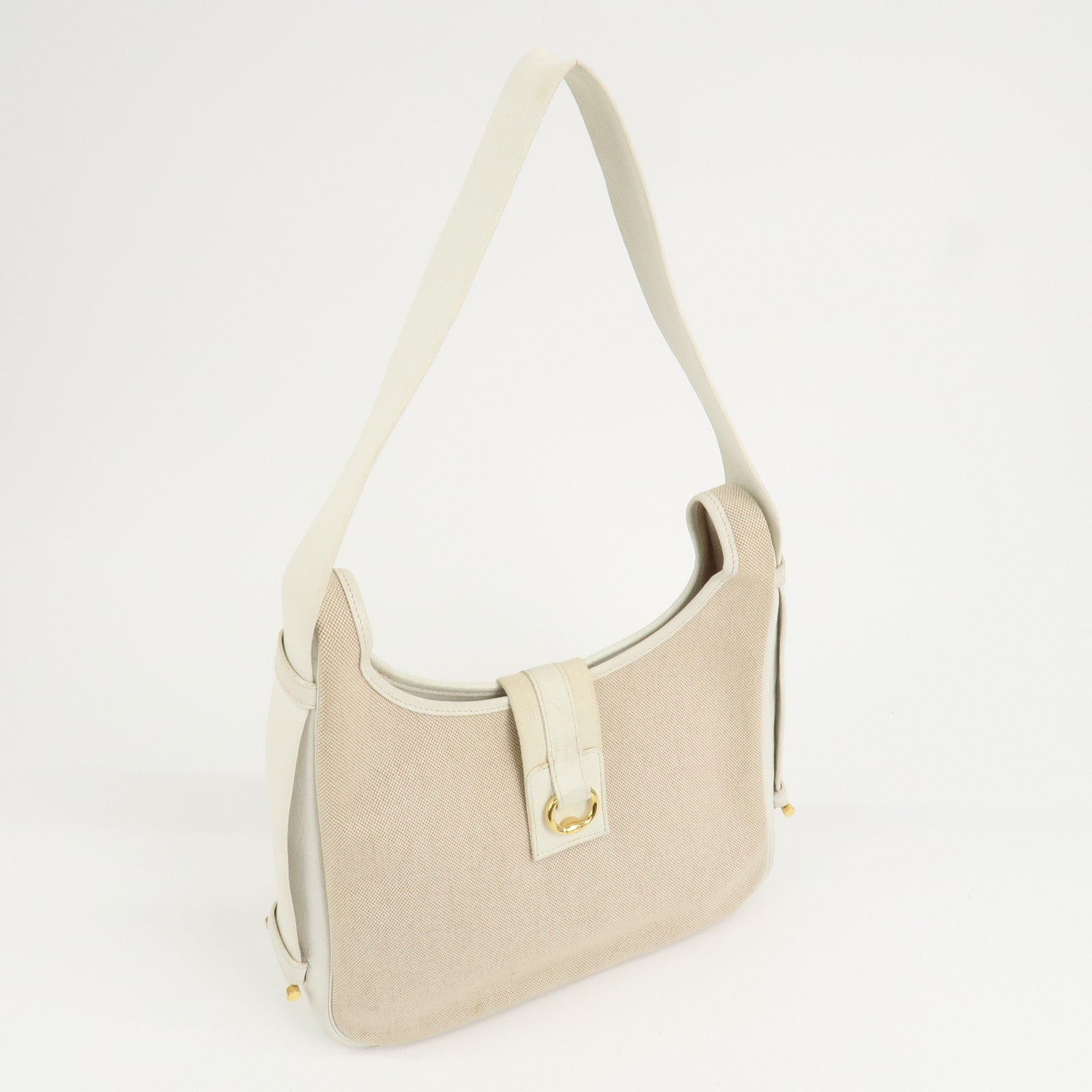 HERMES Saco Canvas Leather Shoulder Bag B Stamped Natural Gold HDW