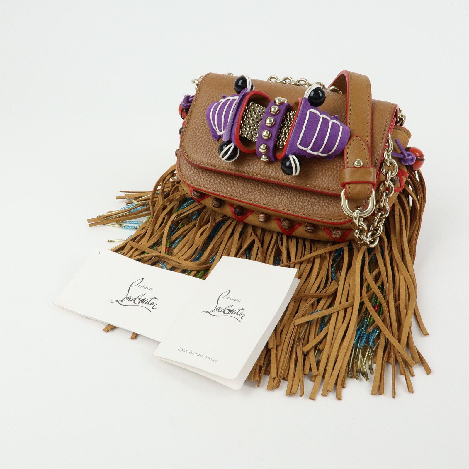Christian Louboutin Leather Beaded Fringe Shoulder Bag Brown