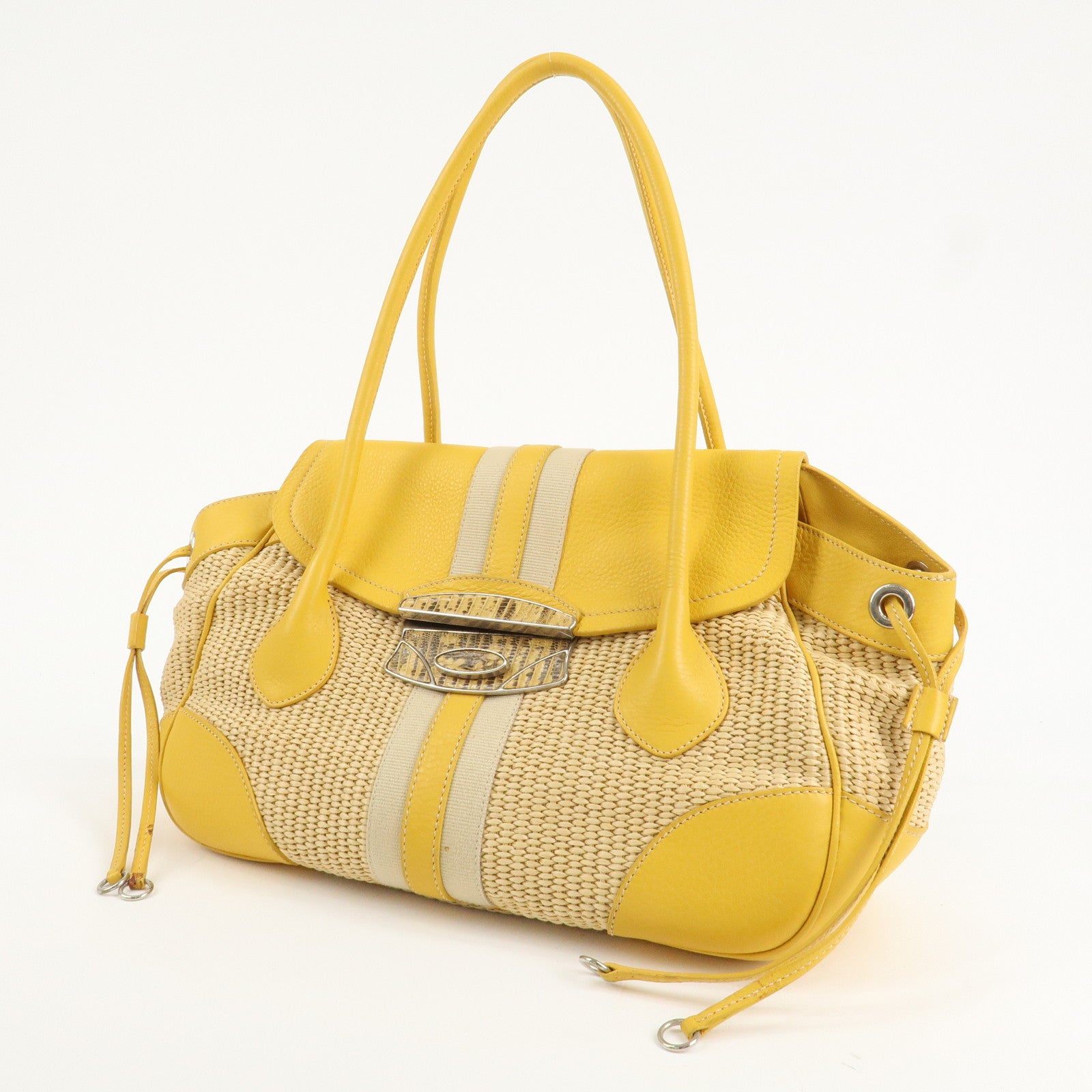 PRADA Triangle Logo Leather Raffia Tote Bag Beige Yellow Used