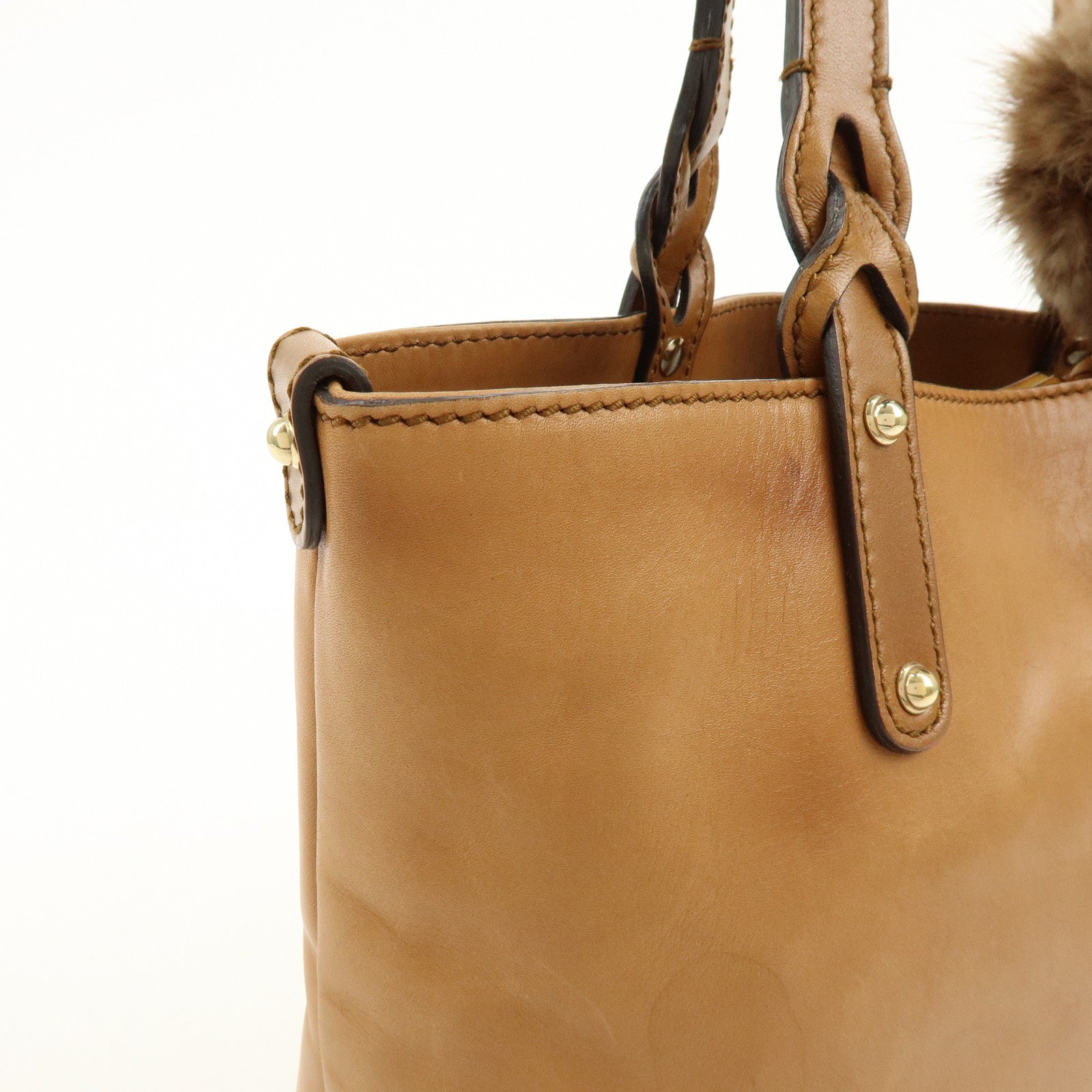 GUCCI Script Logo Leather Fur Tote Bag Fur Pouch Brown 269878