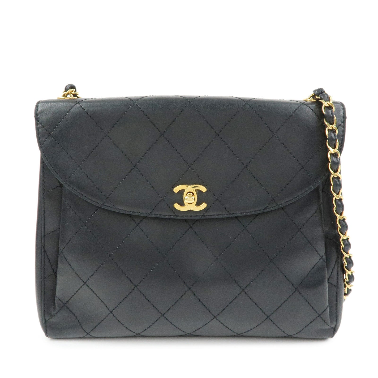 CHANEL Matelasse Lamb Skin Chain Shoulder Bag Black Gold