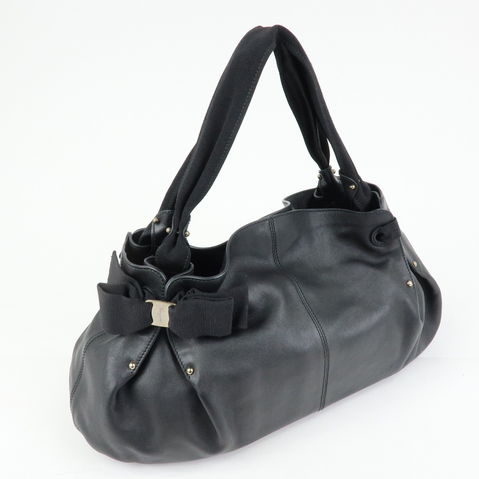 Ferragamo Vara Ribbon Leather Tote Bag Shoulder Bag Hand Bag Black