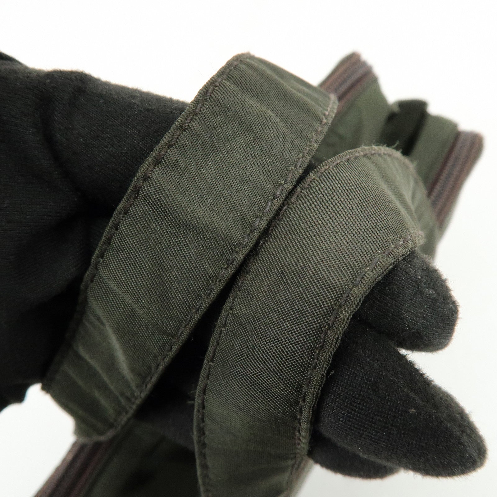 PRADA Triangle Logo Nylon Leather Hand Bag Cosmetic Case Khaki