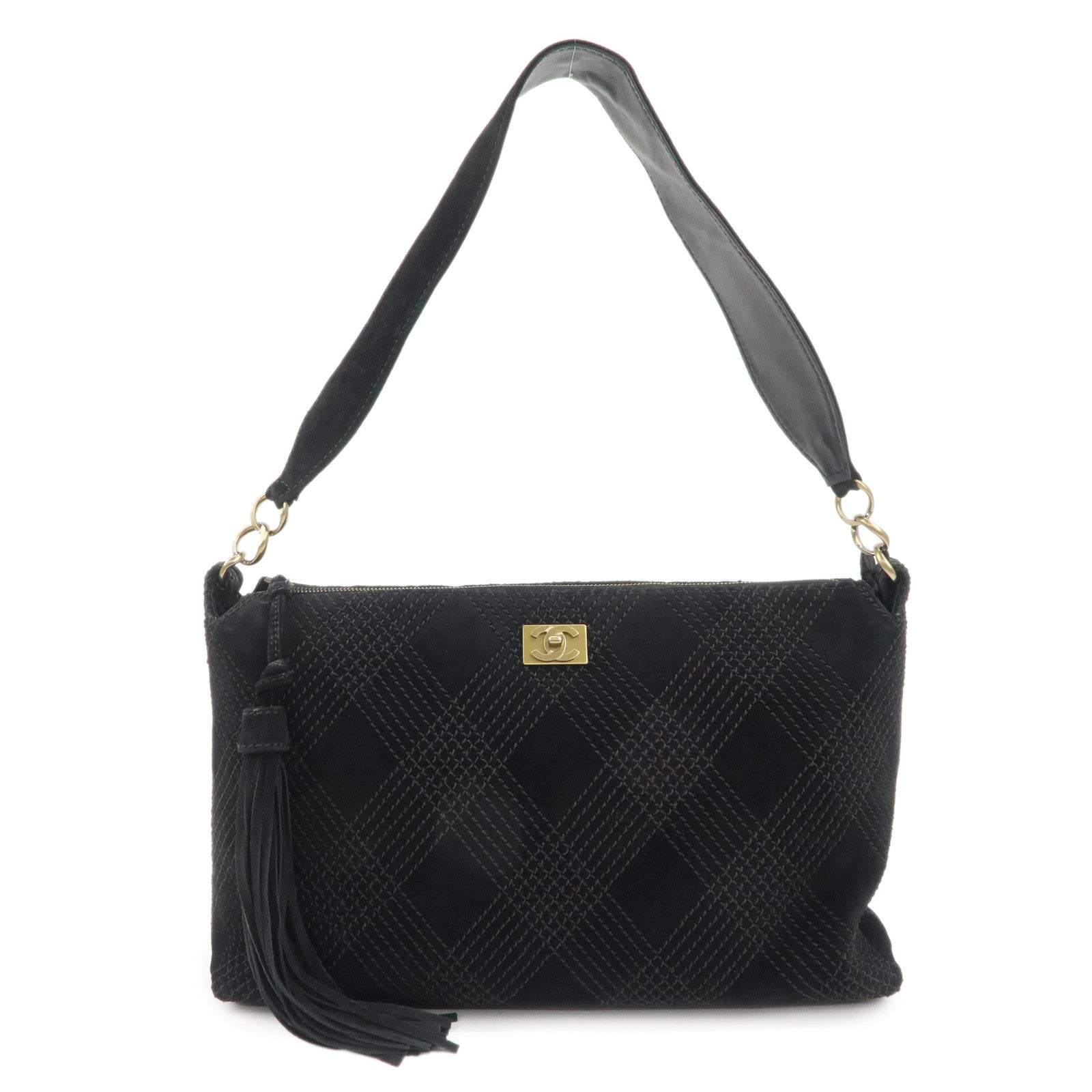 CHANEL Suede Shoulder Bag Hand Bag Tassel Black Used