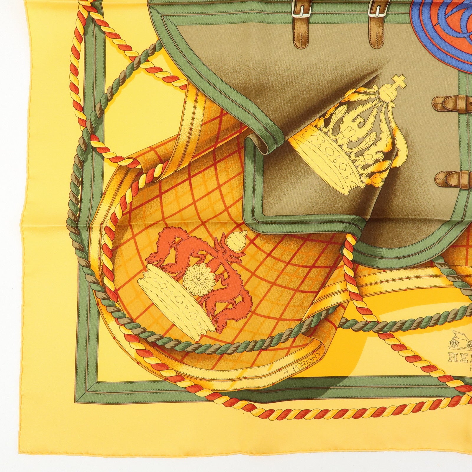 HERMES Carre 90 Silk 100% Scarf GRANDE TENUE Yellow Brown Green