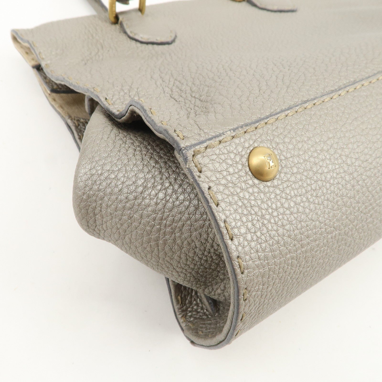 FENDI Seleria Leather Hand Bag Shoulder Bag Metallic Gray 8BN218