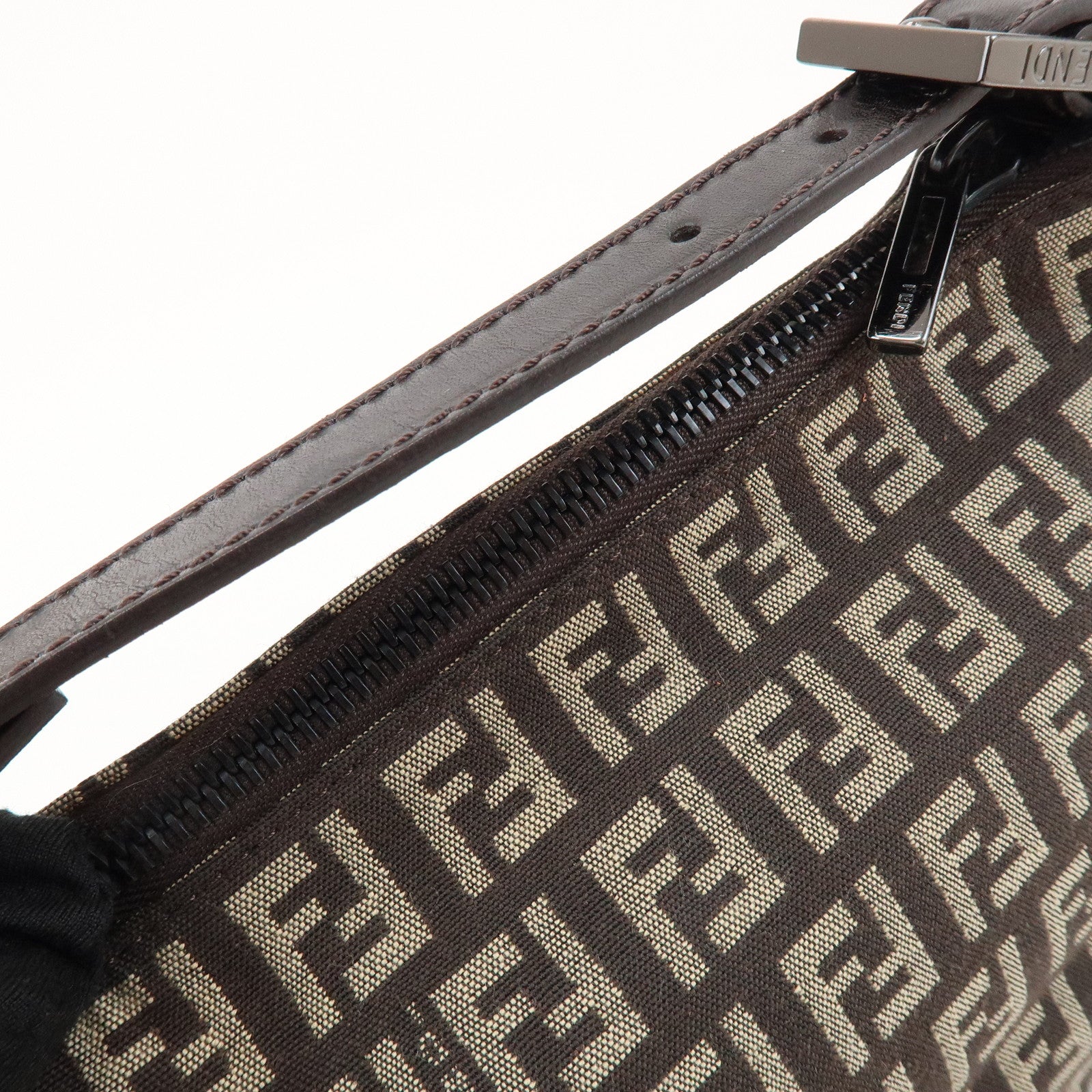 FENDI Zucchino Canvas Leather Hand Bag Pouch Bag Brown 8N00001