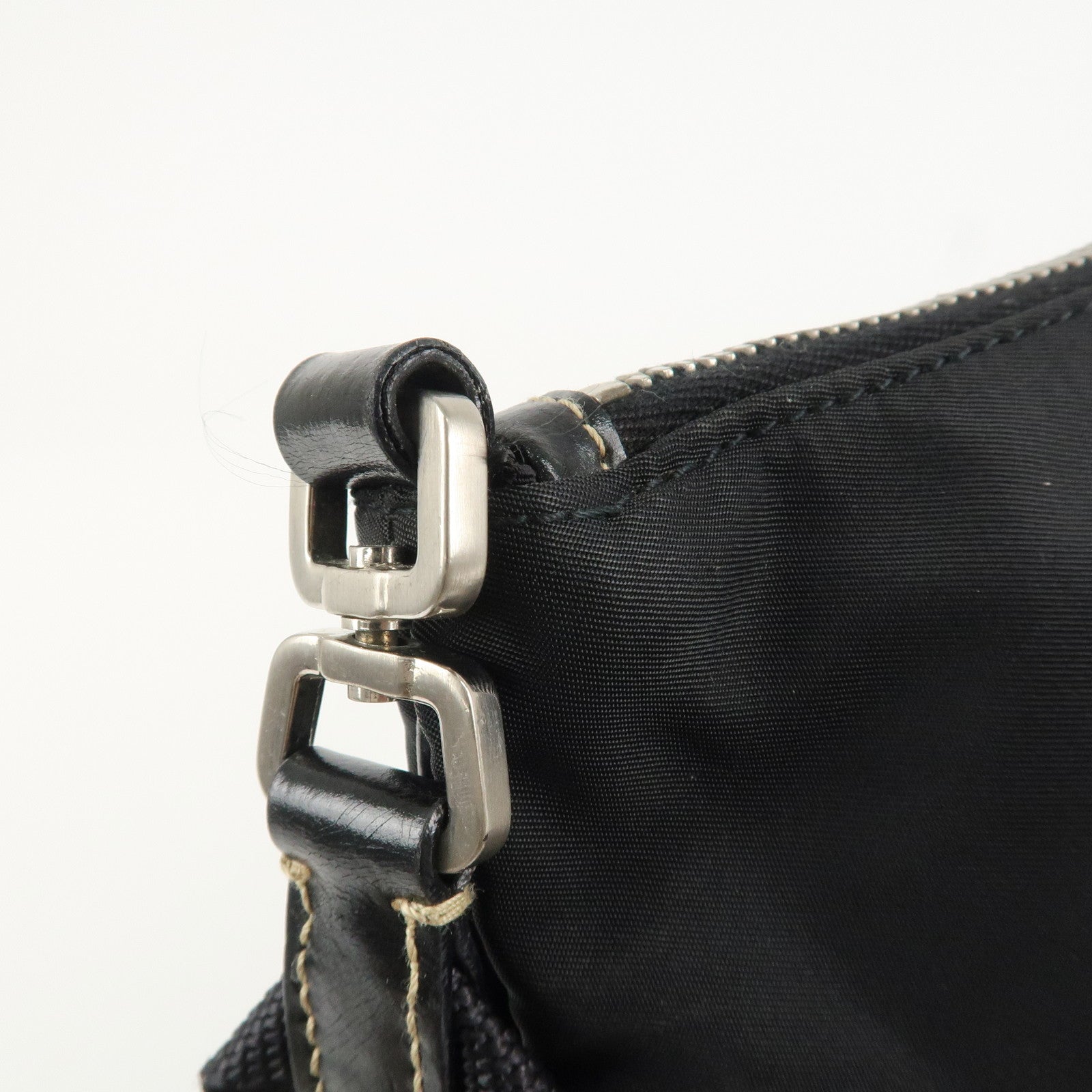 PRADA Triangle Logo Leather Nylon Shoulder Bag Crossbody Bag Black Used