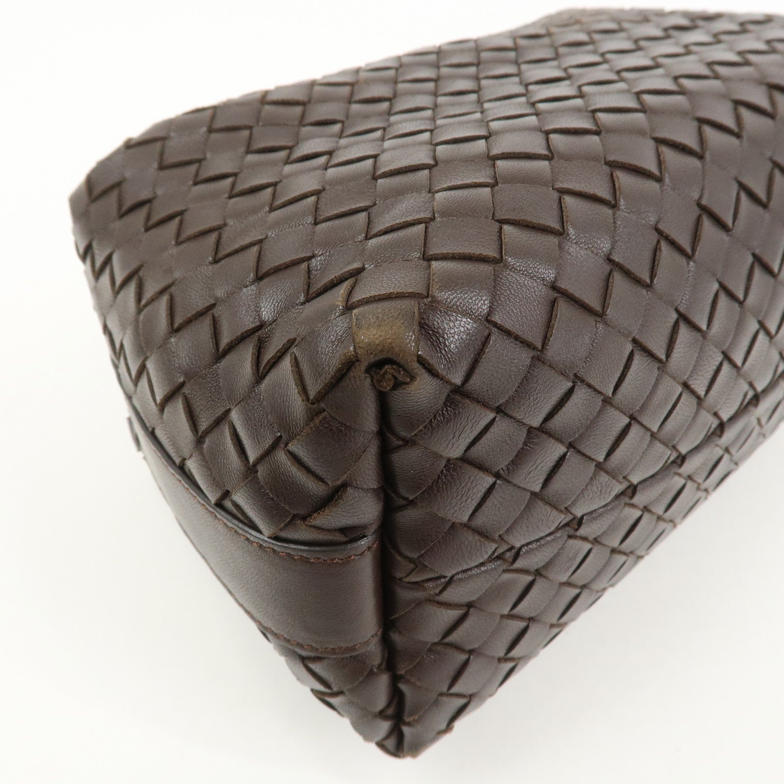 BOTTEGA VENETA Intrecciato Lamb Skin Hand Bag Boston Bag Dark Brown