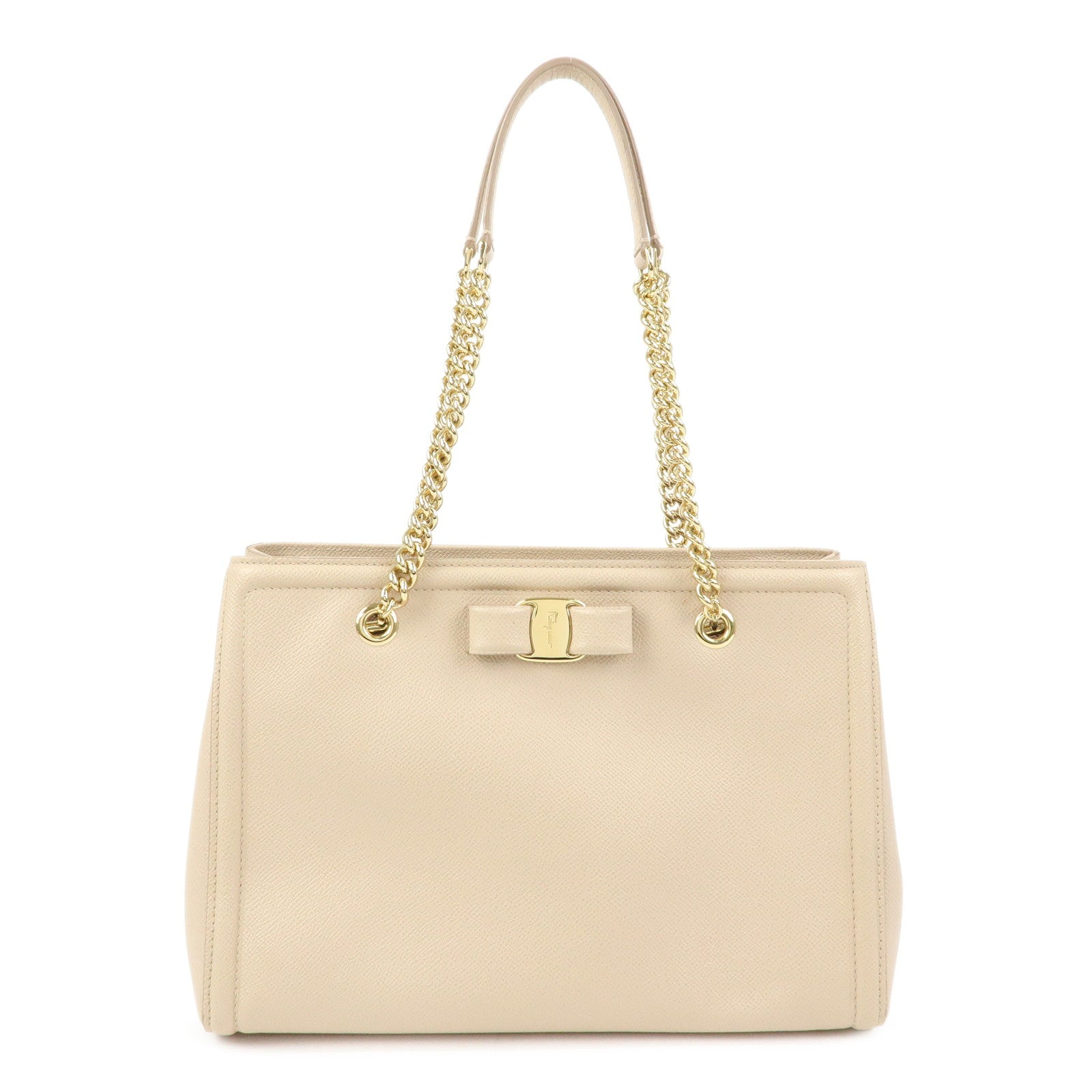 Ferragamo Vara Ribbon Leather Tote Bag Hand Bag Pink Beige
