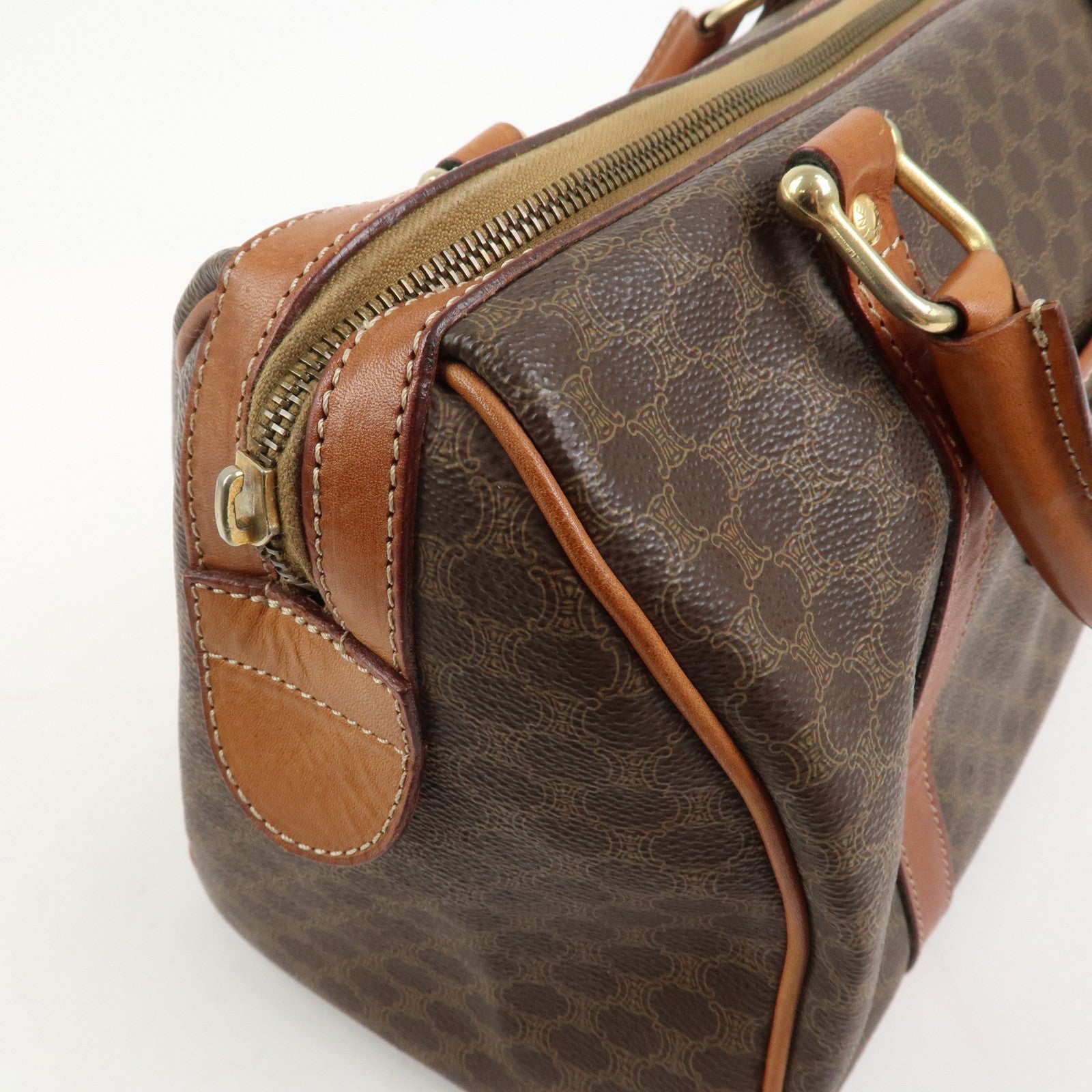 CELINE Macadam PVC Coating Canvas Leather Boston Bag Brown