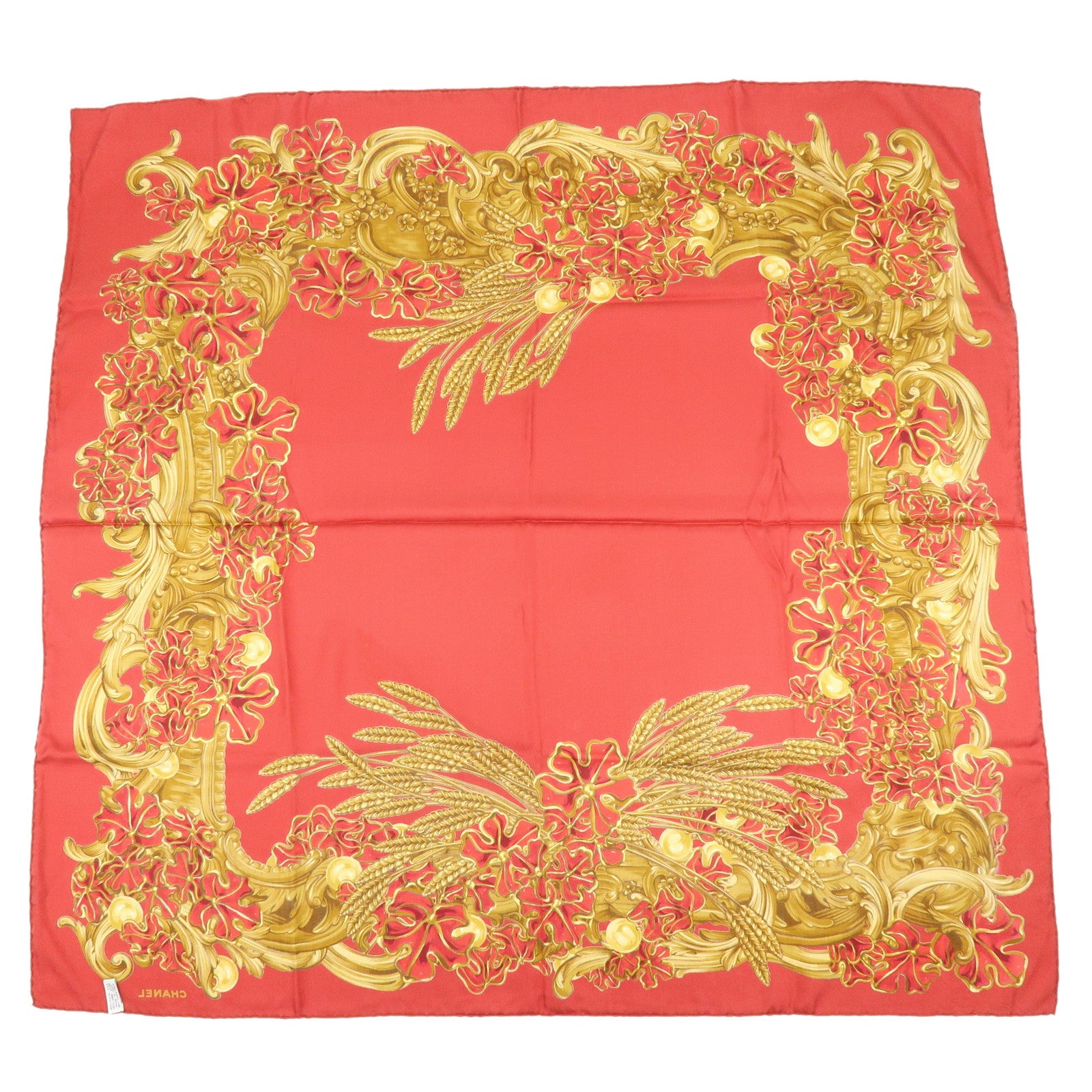 CHANEL Silk 100% Scarf Flower Motif Red Yellow