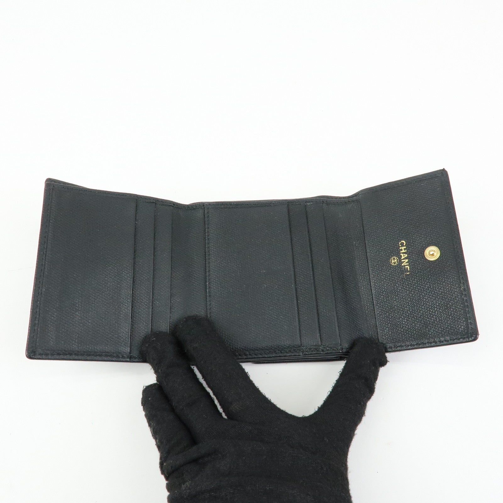 CHANEL COCO Button Calf Leather Compact Wallet Black