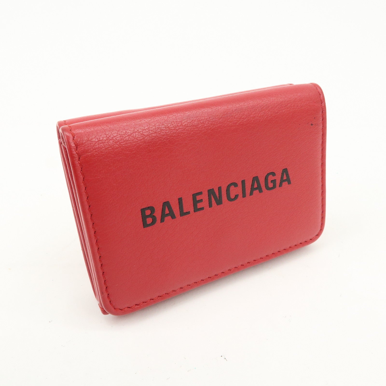 BALENCIAGA CASH Leather Mini Tri-fold Compact Wallet Red 593813