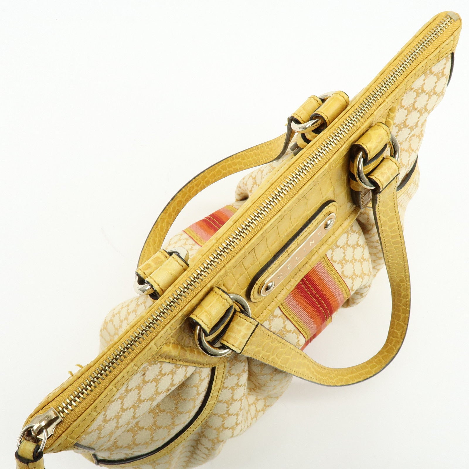 CELINE Macadam Embossed Leather Tote Bag Shoulder Bag Yellow Beige