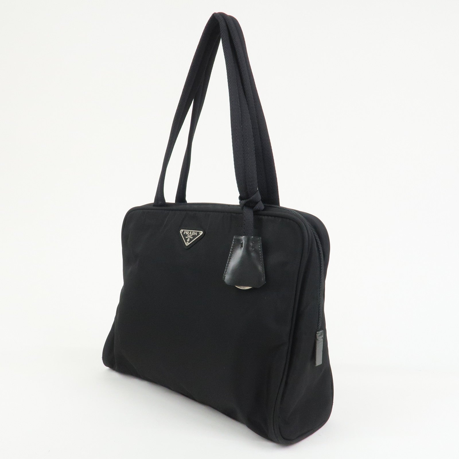 PRADA Triangle Logo Nylon Leather Shoulder Bag Hand Bag Black