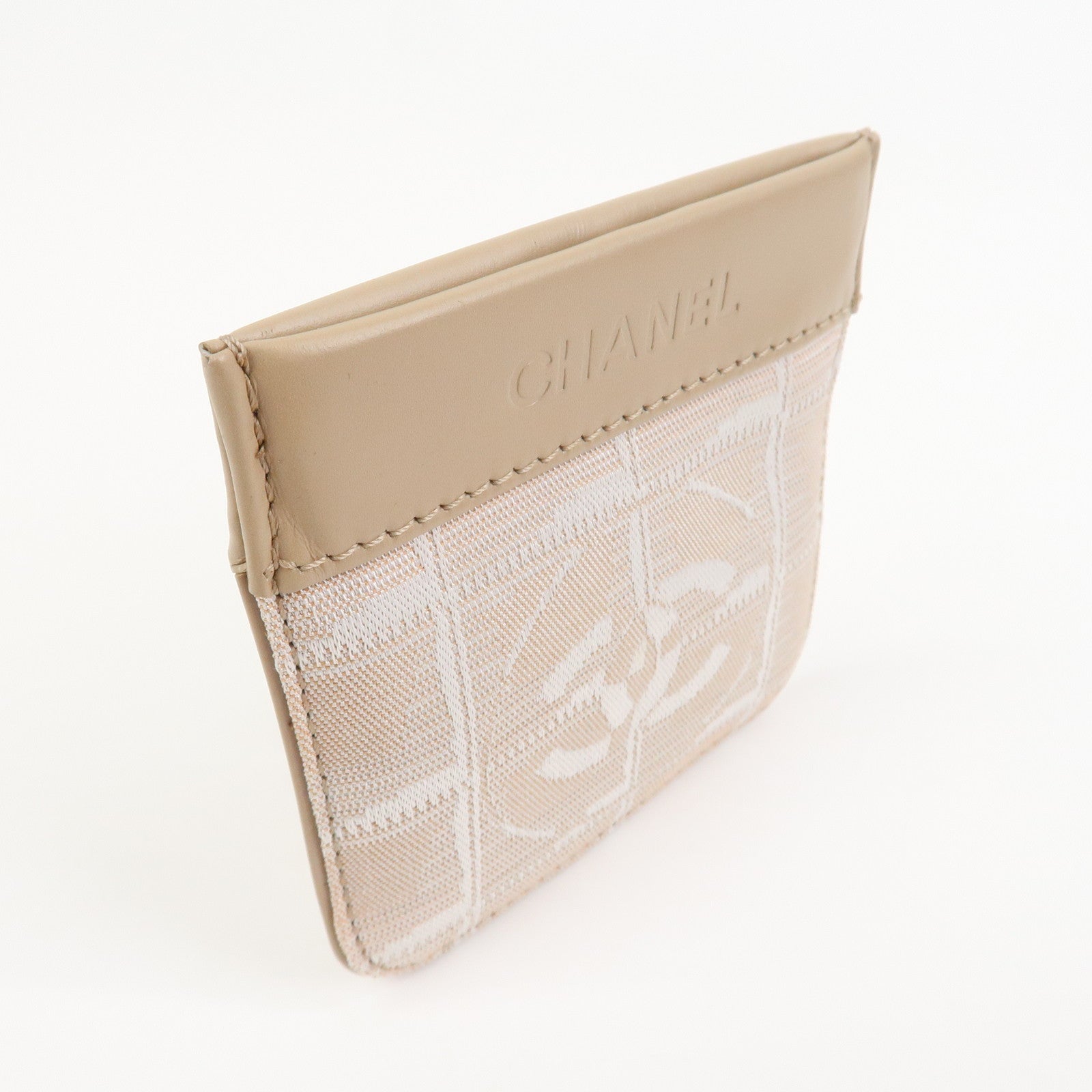 CHANEL New Travel Line Nylon Jacquard Leather Coin Case Greige