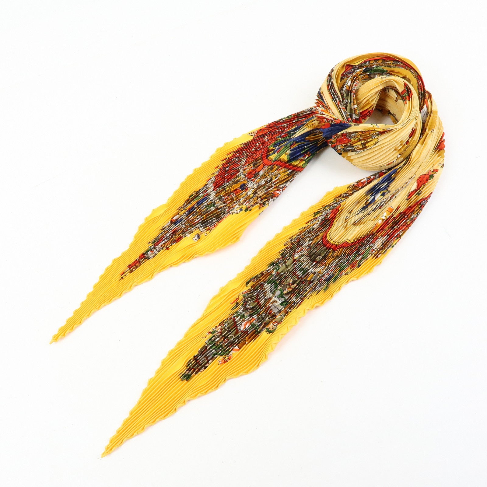 HERMES Pleated Carre 90 Silk 100% Scarf CIRQUE MOLIER Orange