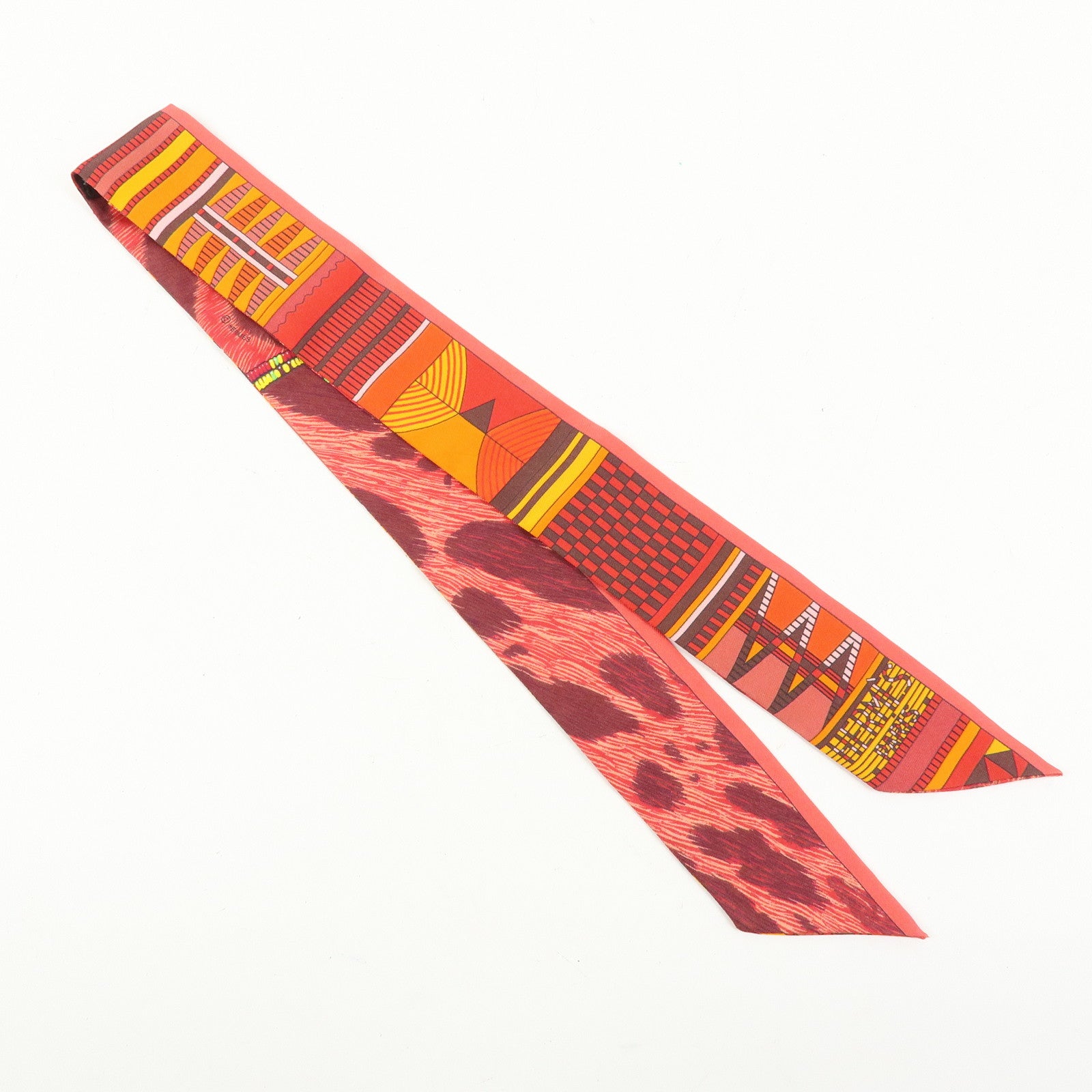 HERMES Twilly Silk 100% Scarf PELAGES ET CAMOUFLAGE Orange Red