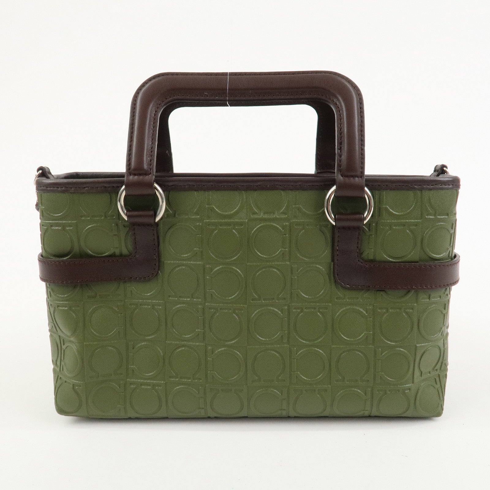 Ferragamo Gancini Embossed Leather 2Way Hand Shoulder Bag Green
