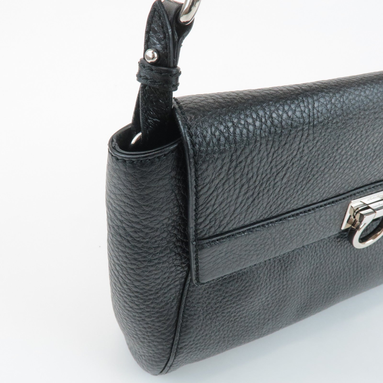 Ferragamo Gancini Leather 3Way Shoulder Bag Hand Bag Black Silver HDW Used