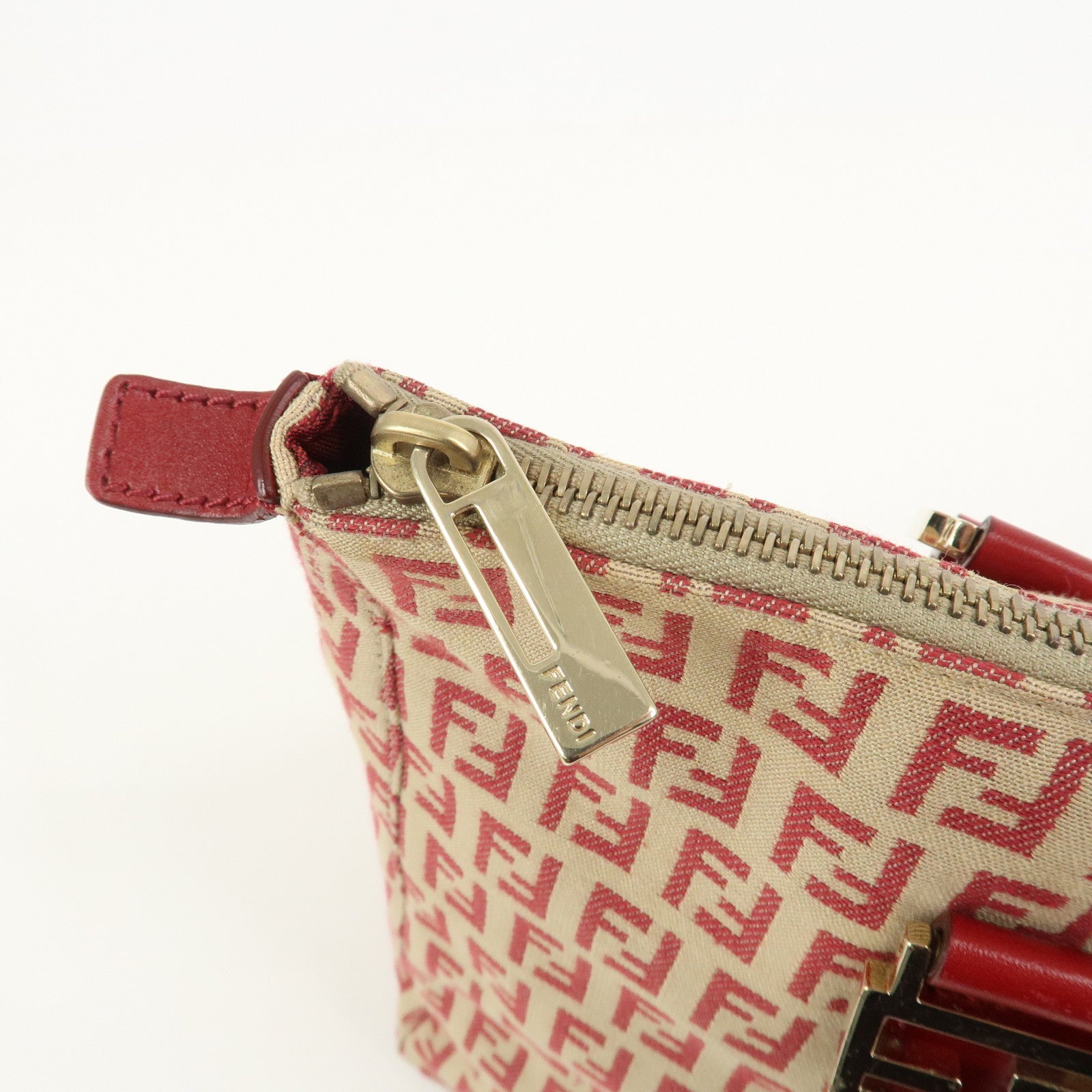 FENDI Zucchino Canvas Leather Tote Bag Hand Bag Beige Red 8BH134