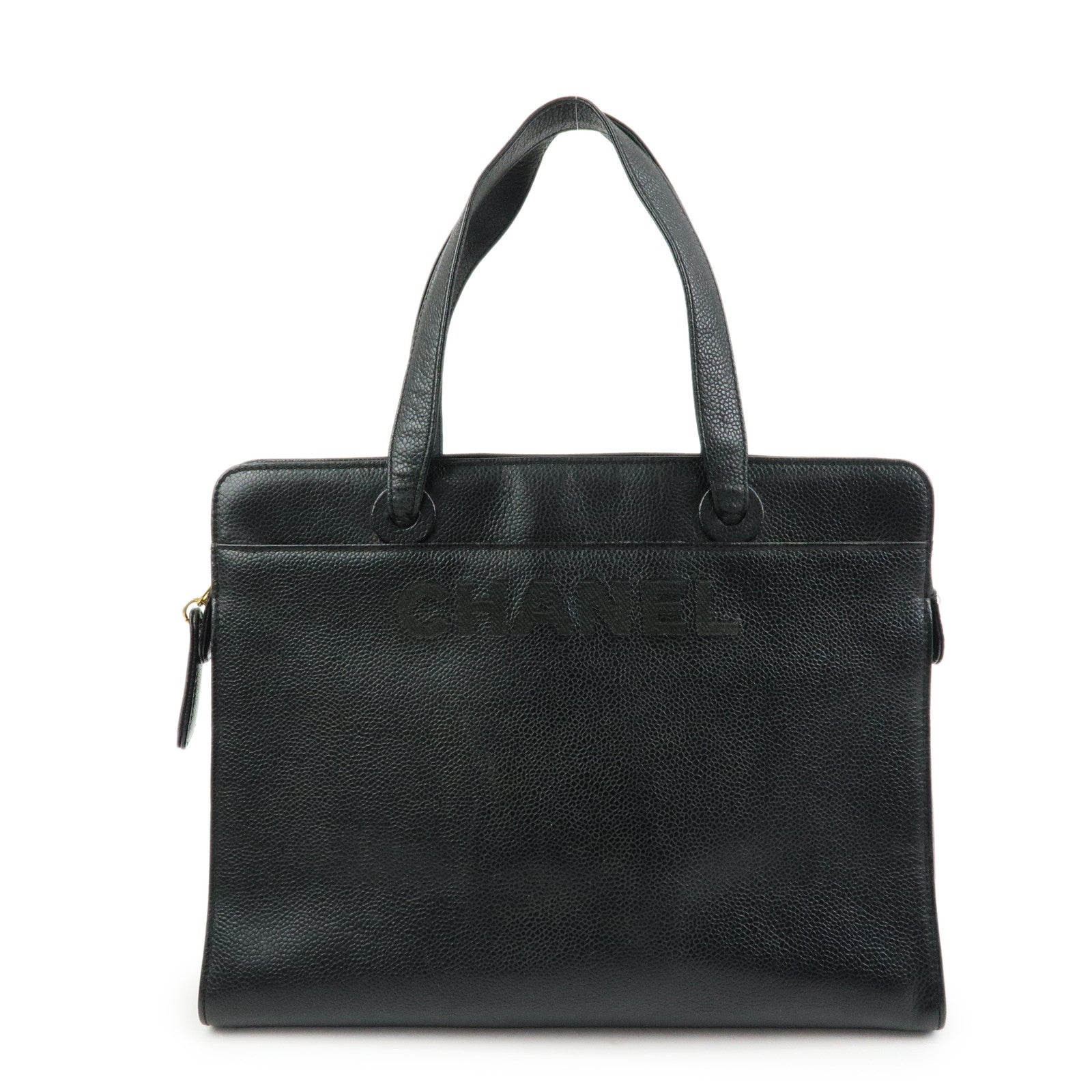 CHANEL Logo Caviarskin Tote Bag Hand Bag Black