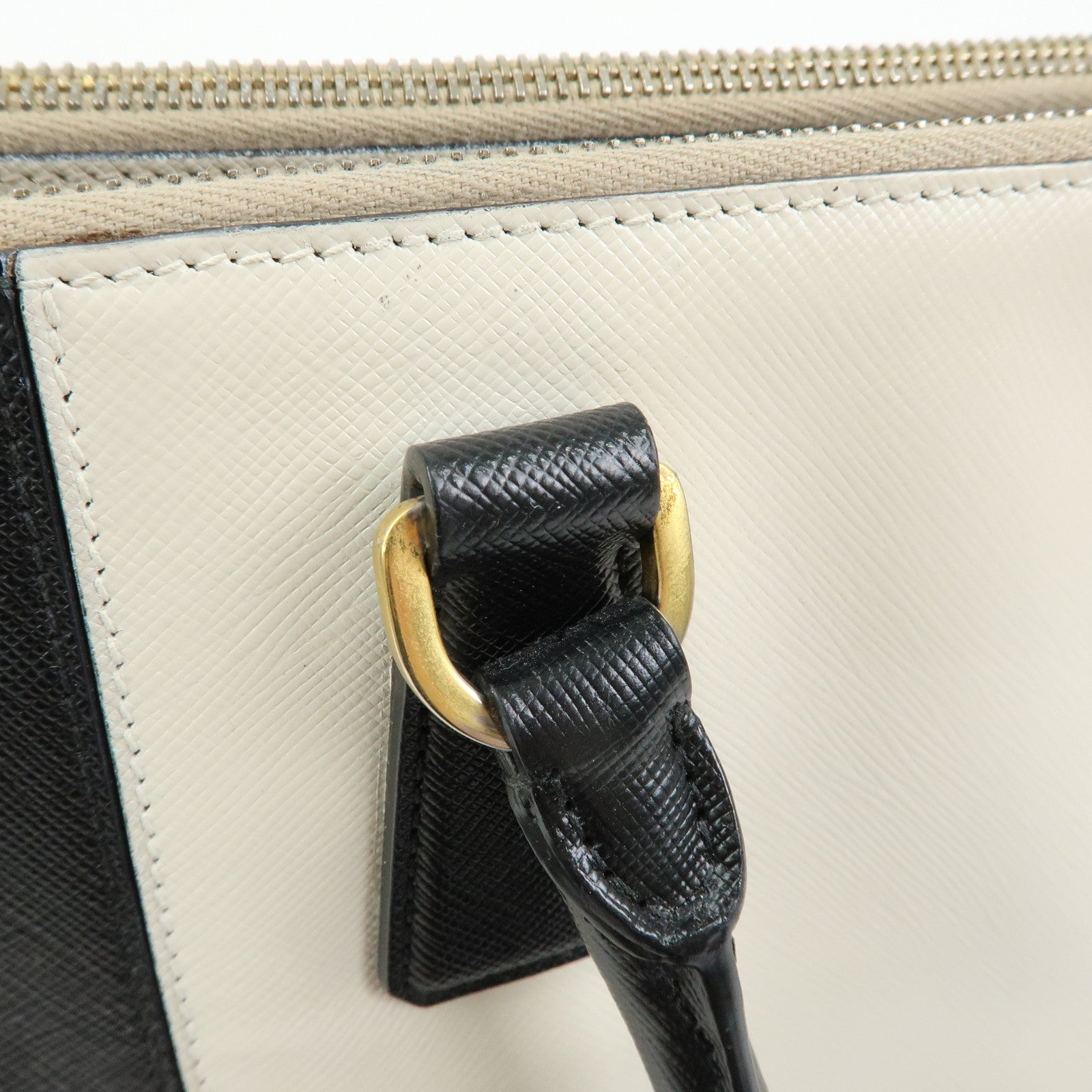 PRADA Triangle Logo Saffiano Leather Hand Bag Tote Bag Ivory Black