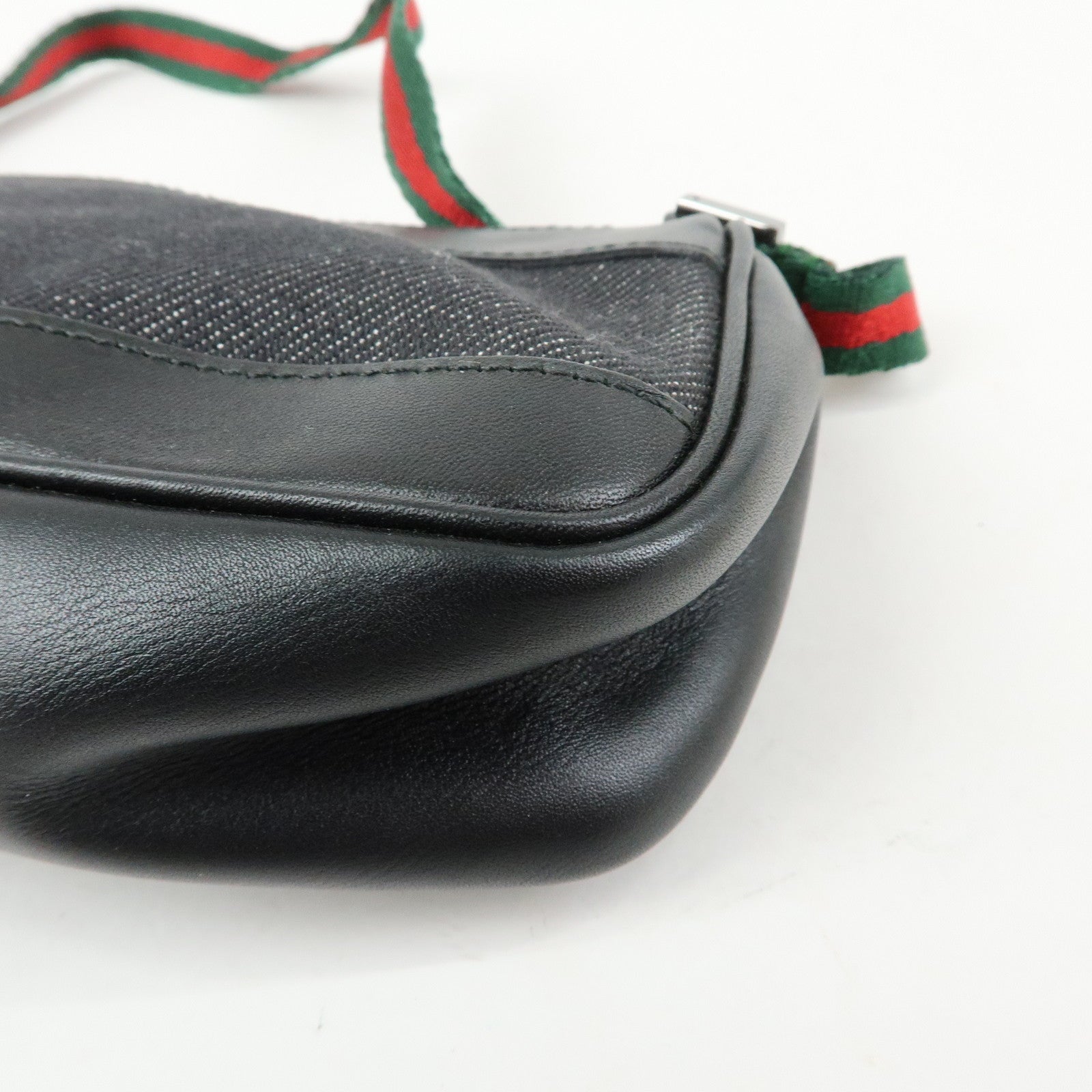 GUCCI Sherry Denim Leather Accessory Pouch Hand Bag Black 92820