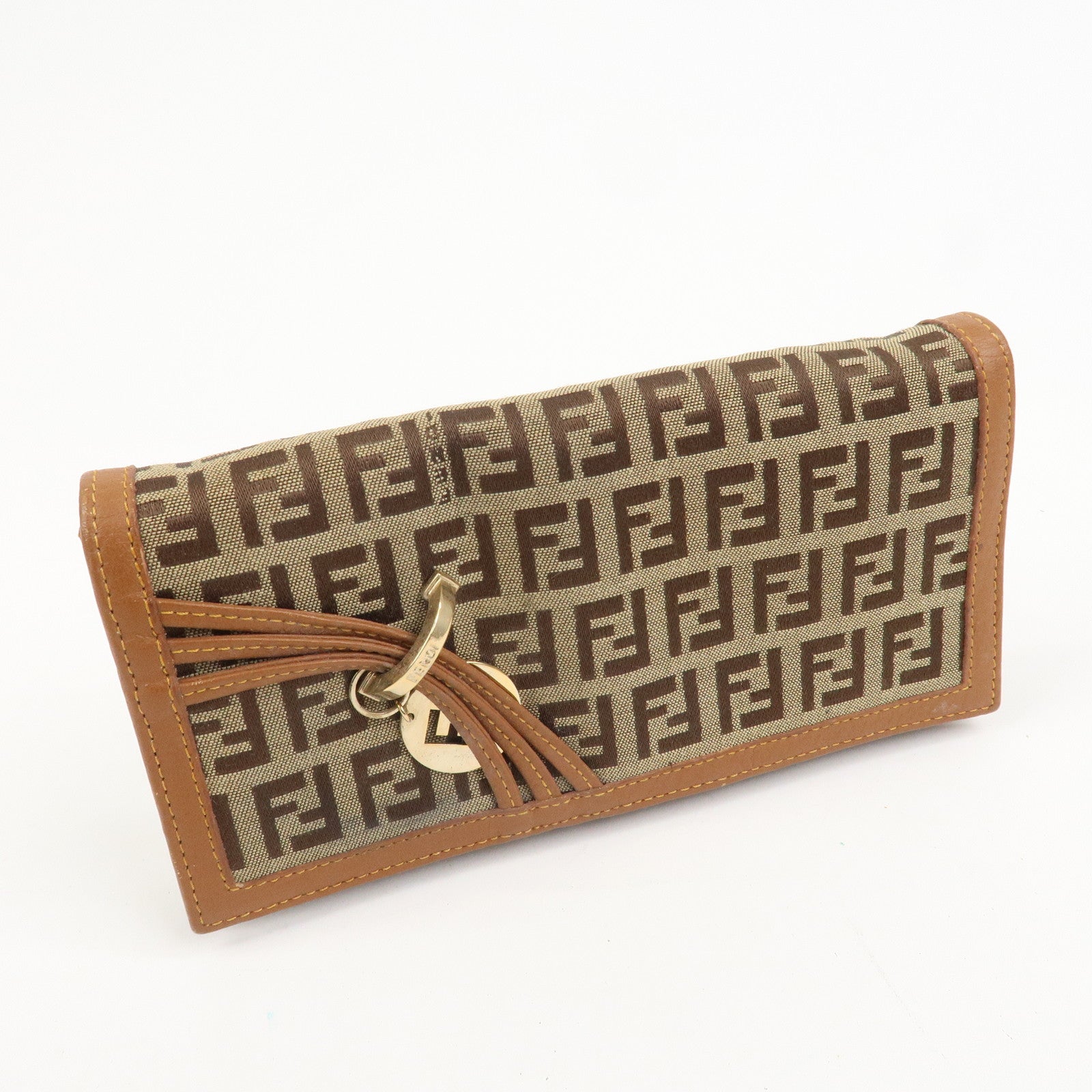 FENDI Zucchino Canvas Leather Bi-fold Long Wallet Brown 8M0000
