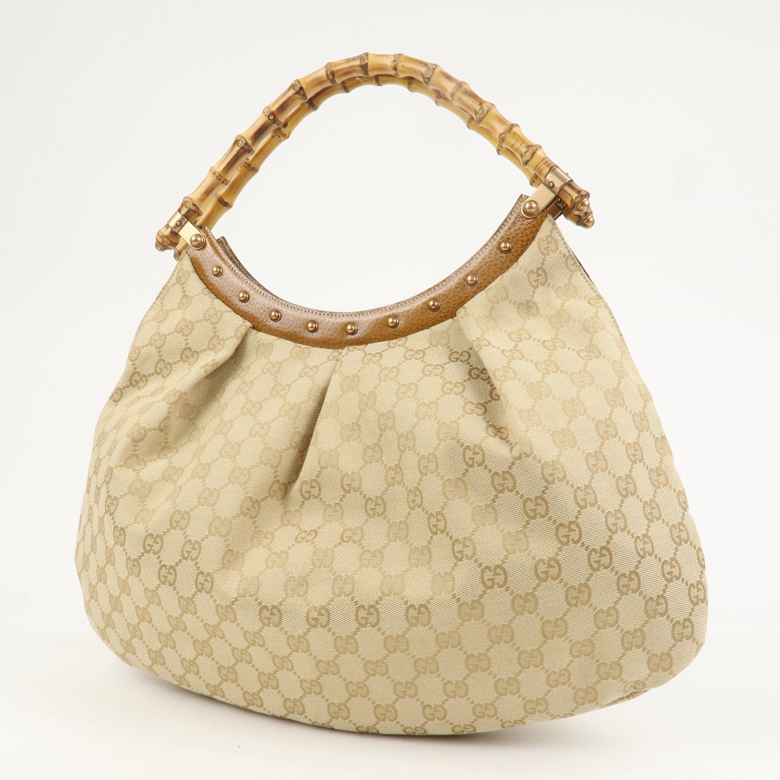 GUCCI Bamboo GG Canvas Leather Shoulder Bag Hand Bag Beige 124293