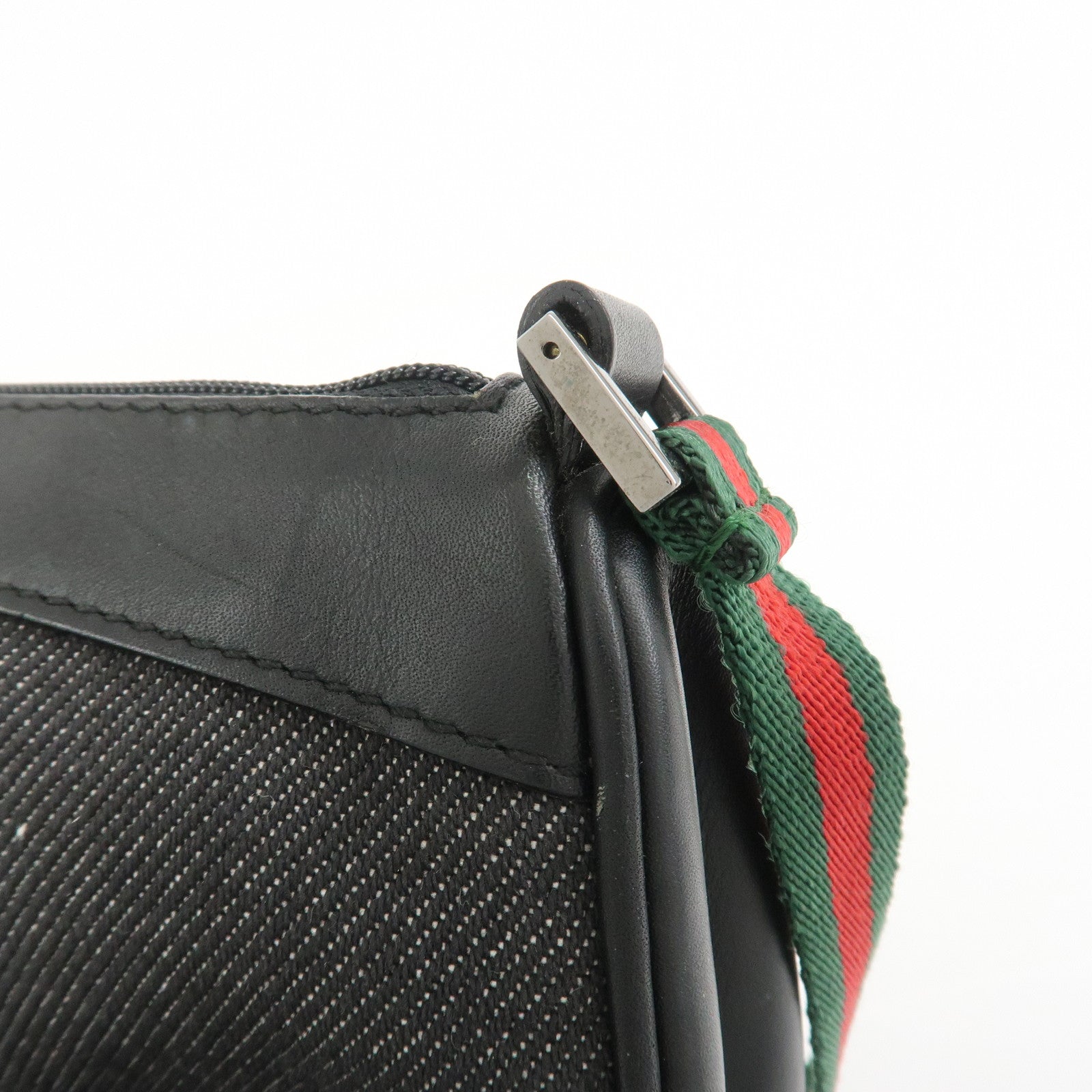 GUCCI Sherry Denim Leather Accessory Pouch Hand Bag Black 92820