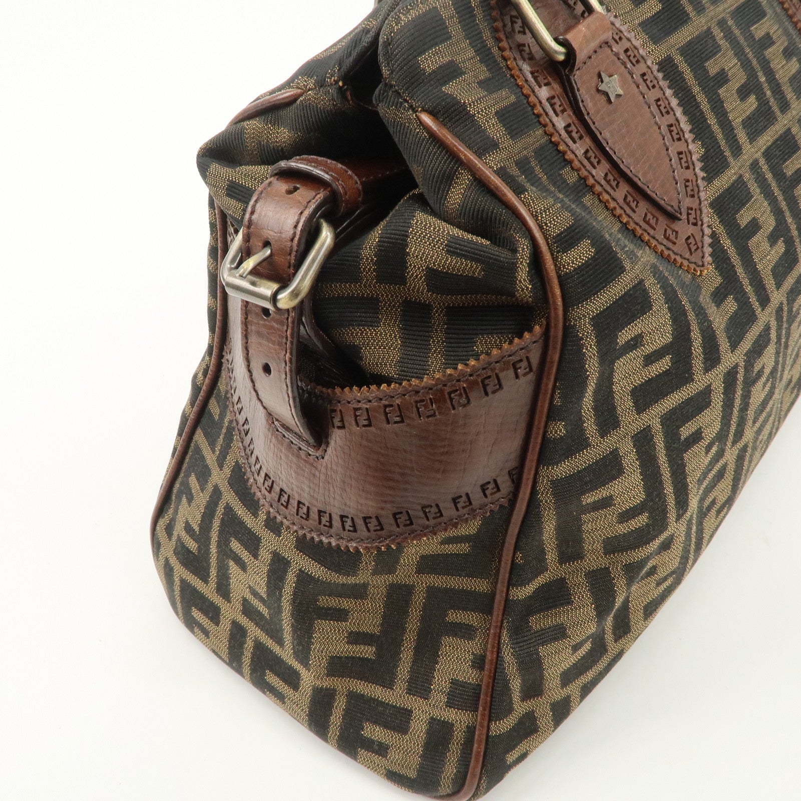FENDI Zucca Canvas Leather Tote Bag Hand Bag Black Brown 8BN162 Used