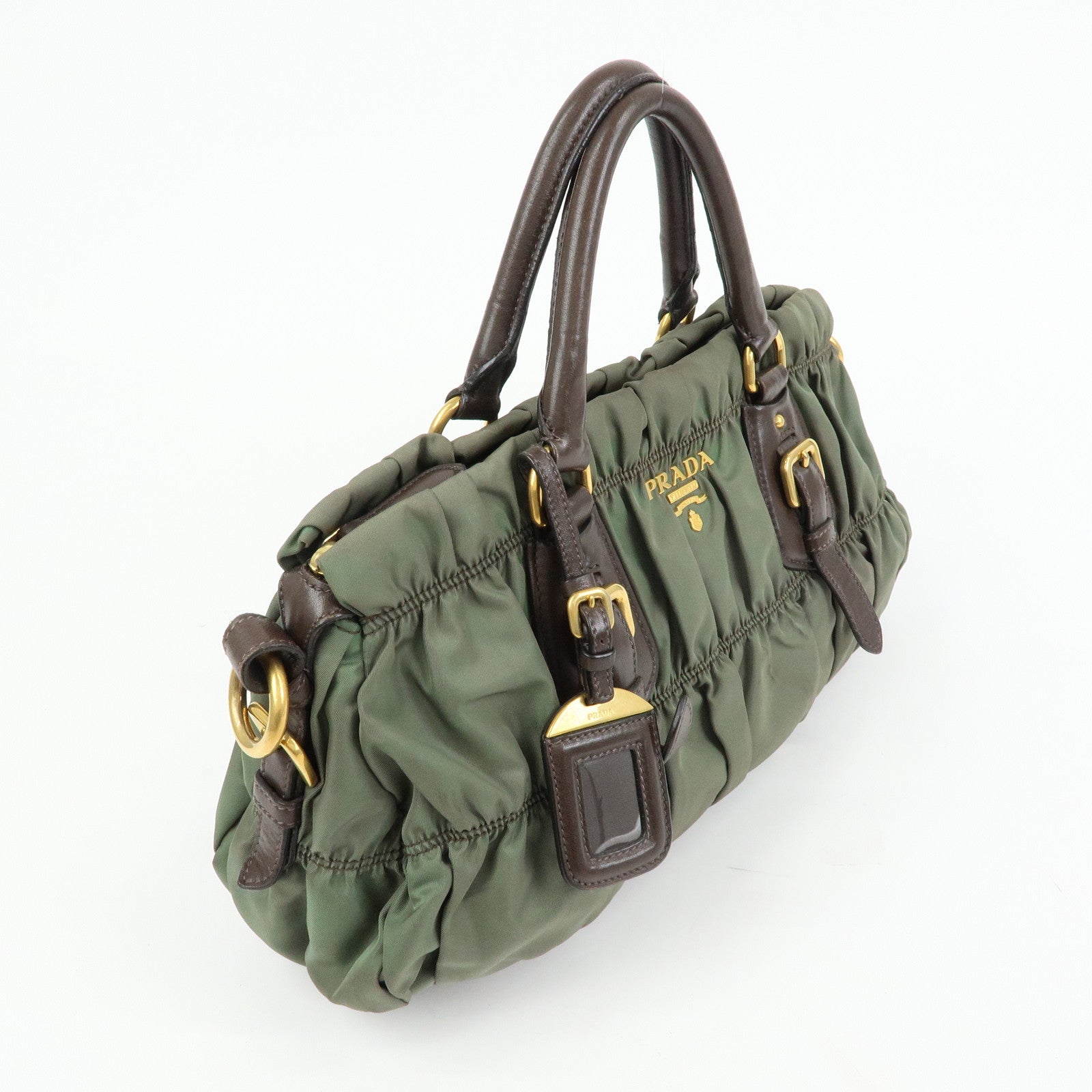 PRADA Nylon Leather Gathered 2Way Bag Hand Bag Khaki BN1407