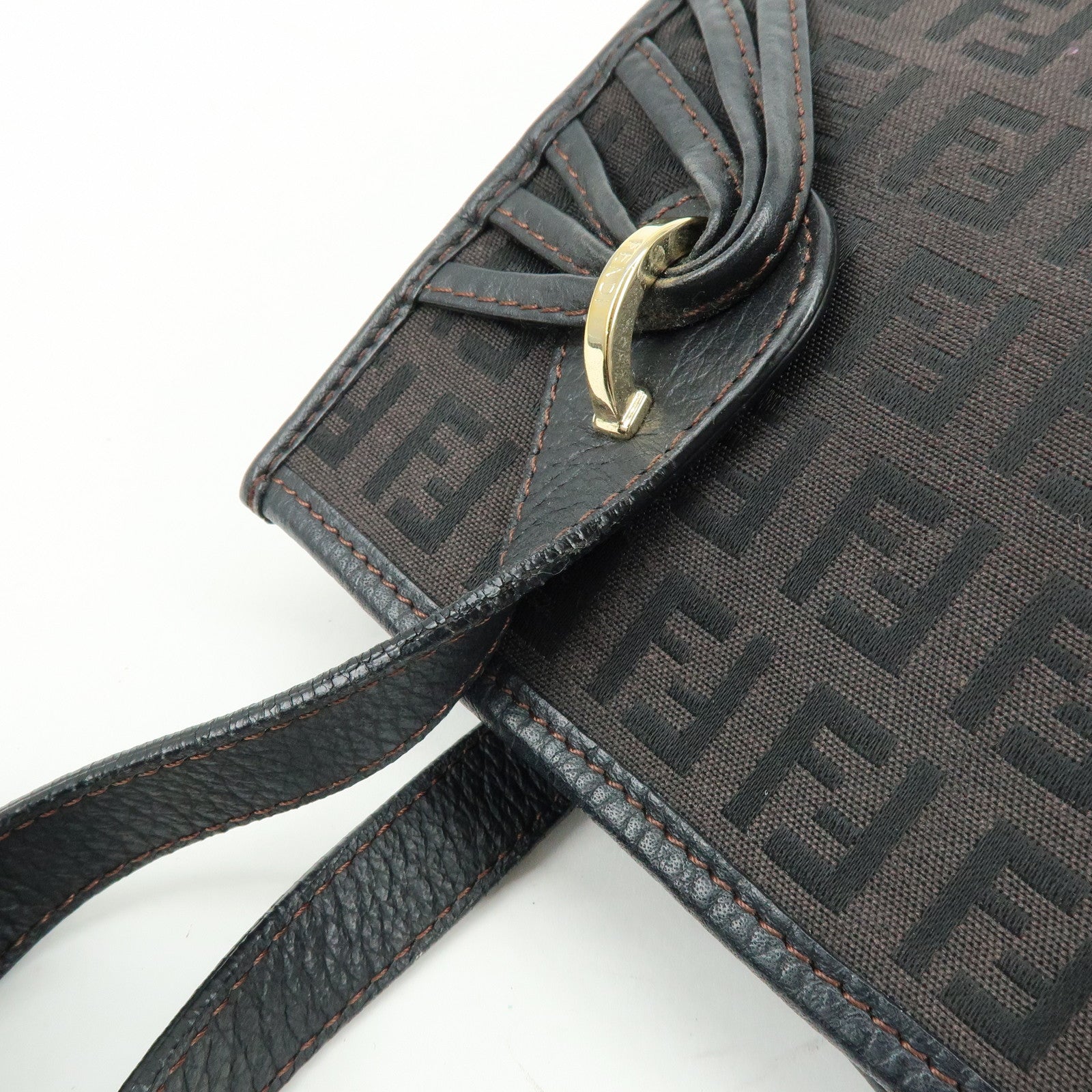 FENDI Zucchino Canvas Leather Hand Bag Tote Bag Brown 8BH152