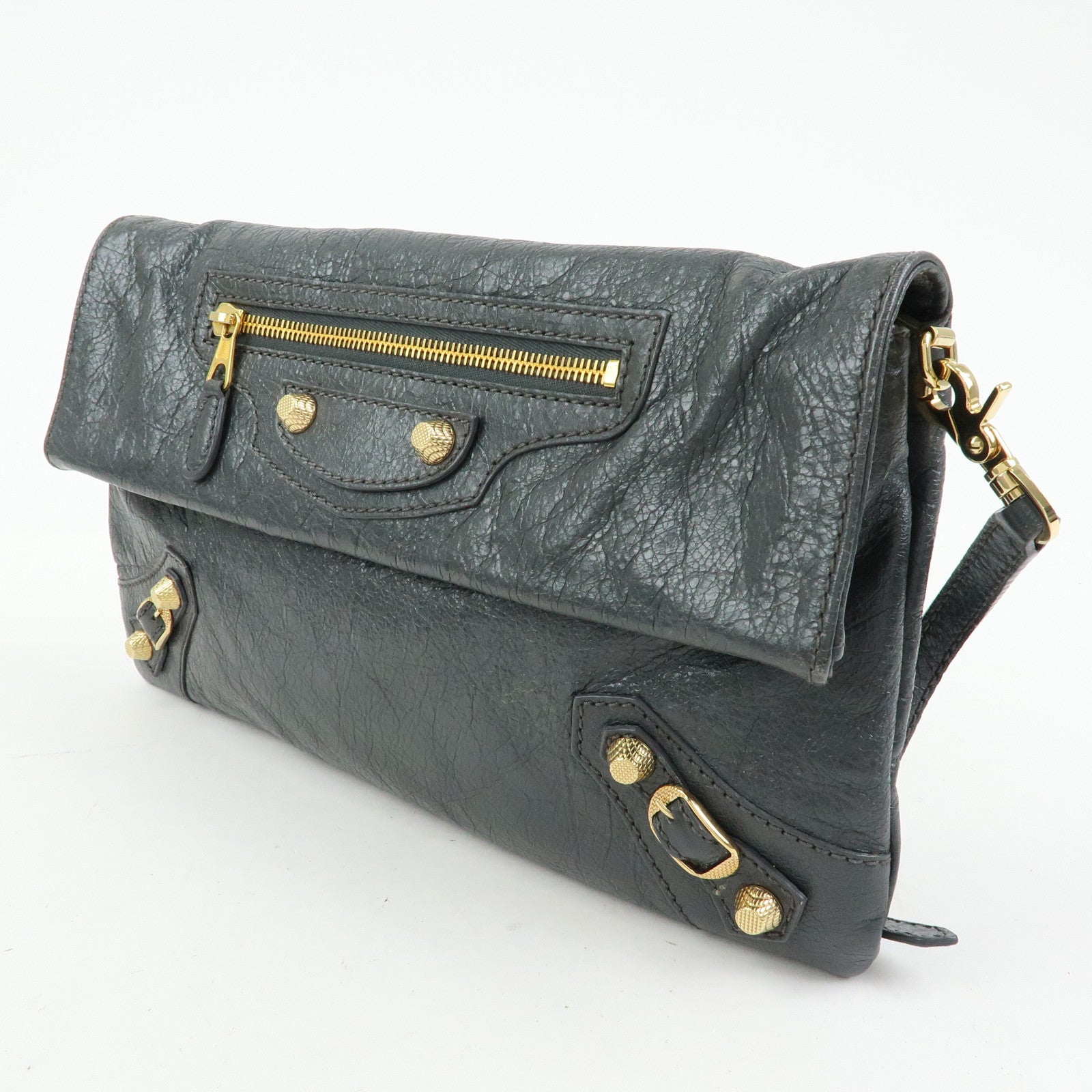 BALENCIAGA Leather Giant Envelope Clutch Shoulder Bag Grey 327079