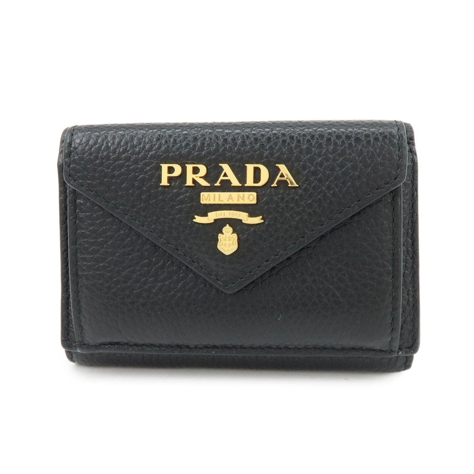 PRADA Logo Saffiano Leather Tri-fold Compact Wallet Black 1MH021