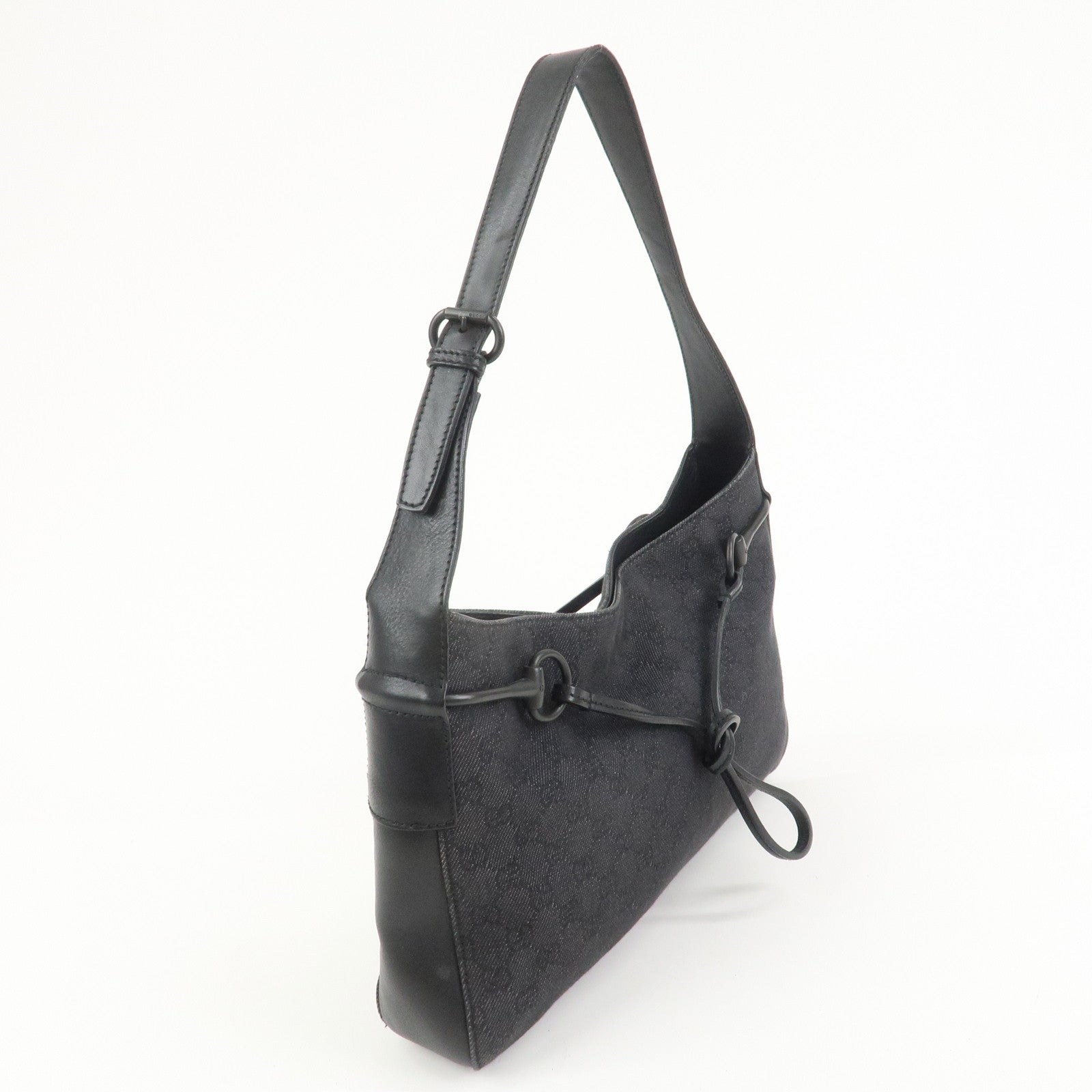 GUCCI Horsebit GG Canvas Leather Shoulder Bag Black 101975