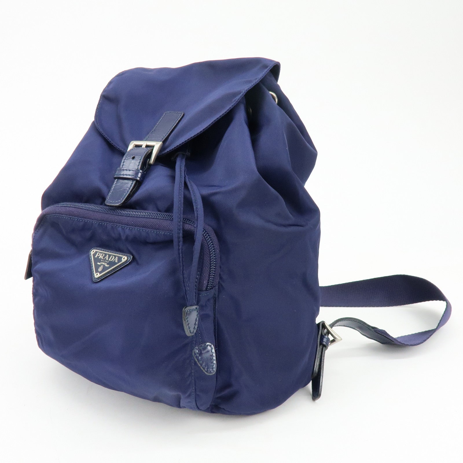 PRADA Triangle Logo Nylon Leather Backpack Rucksack Navy B4650F