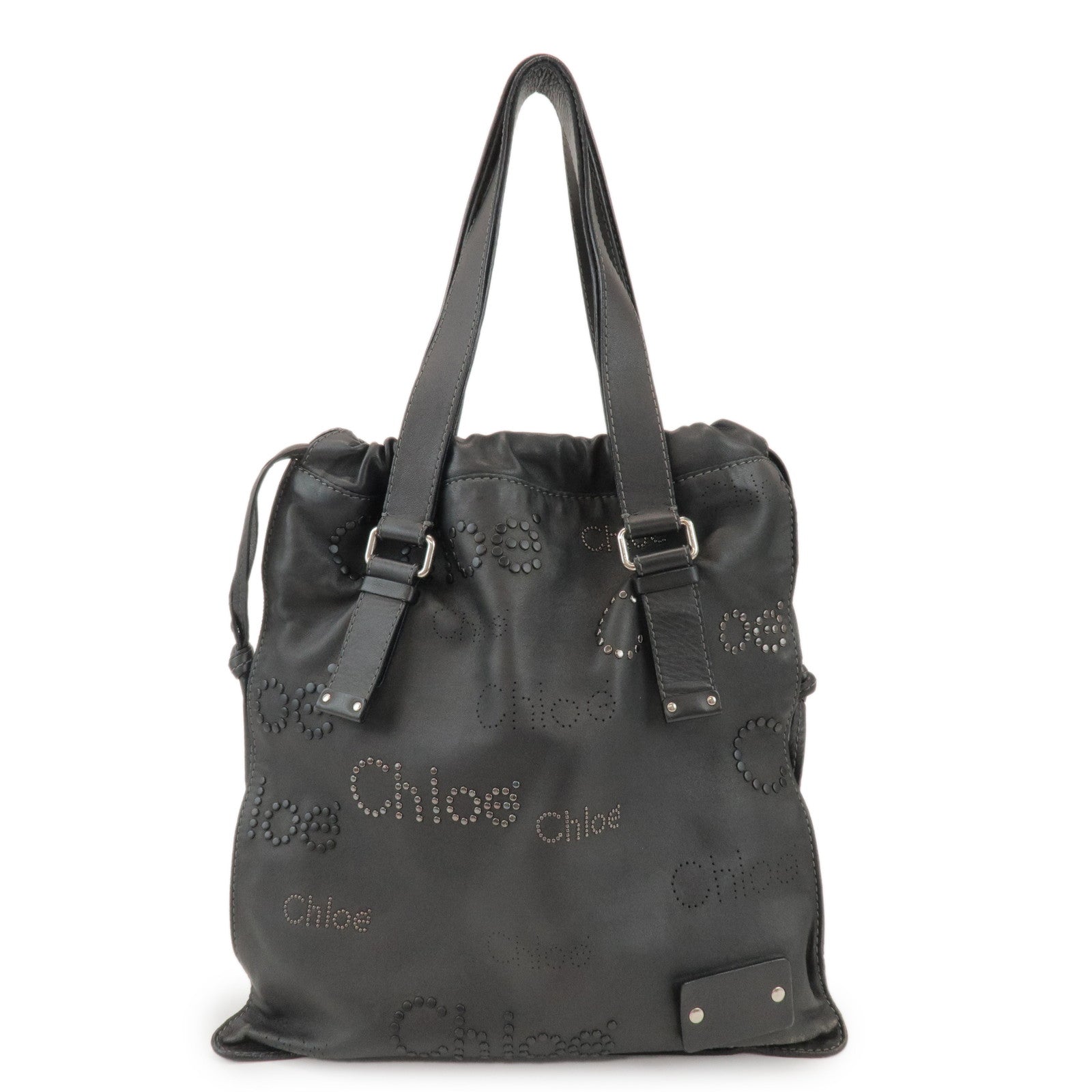 Chloe Leather Drawstring Tote Bag Shoulder Bag Hand Bag Black Studs