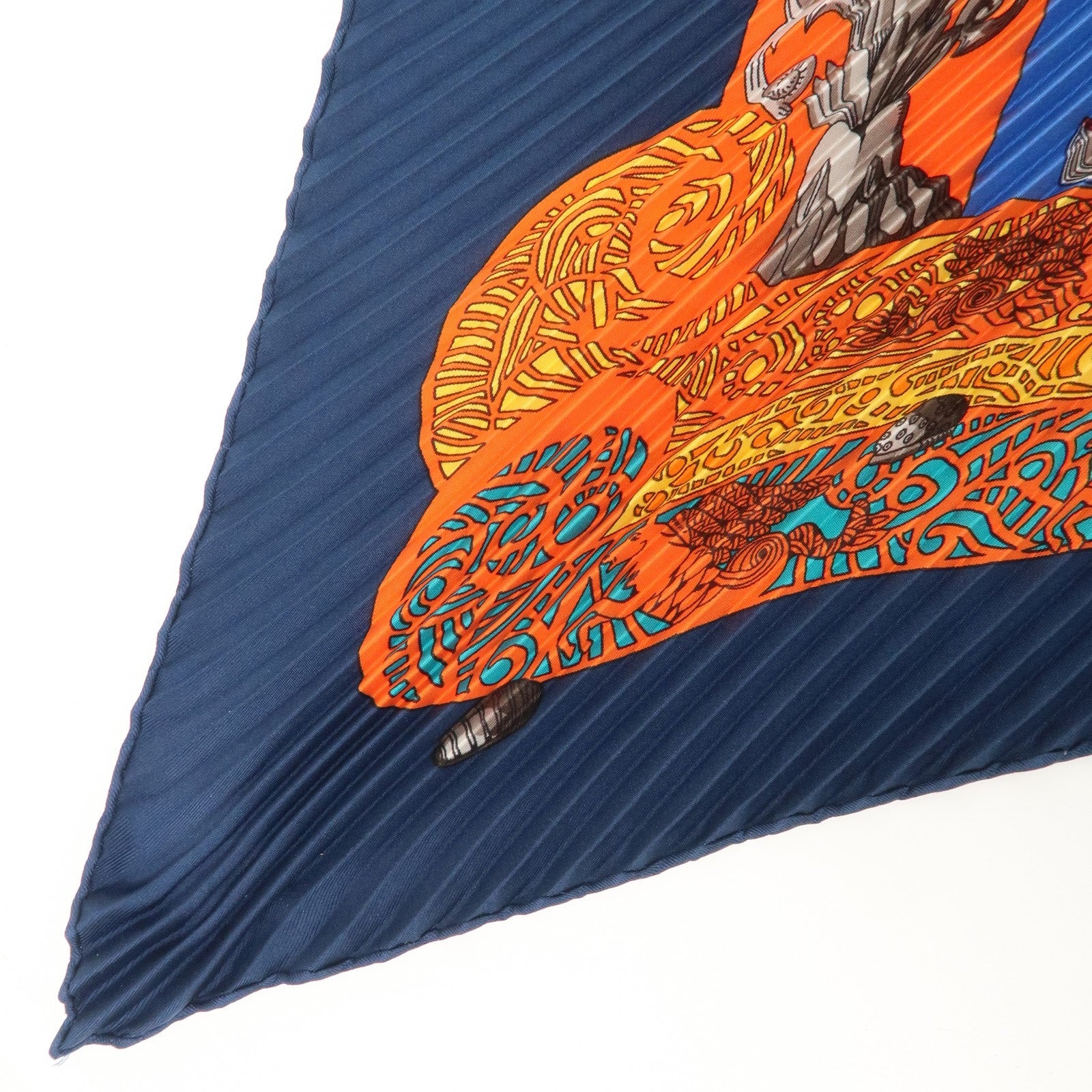 HERMES Silk 100% Pleats Carre Scarf L'ATLANTiDE Navy Red Used