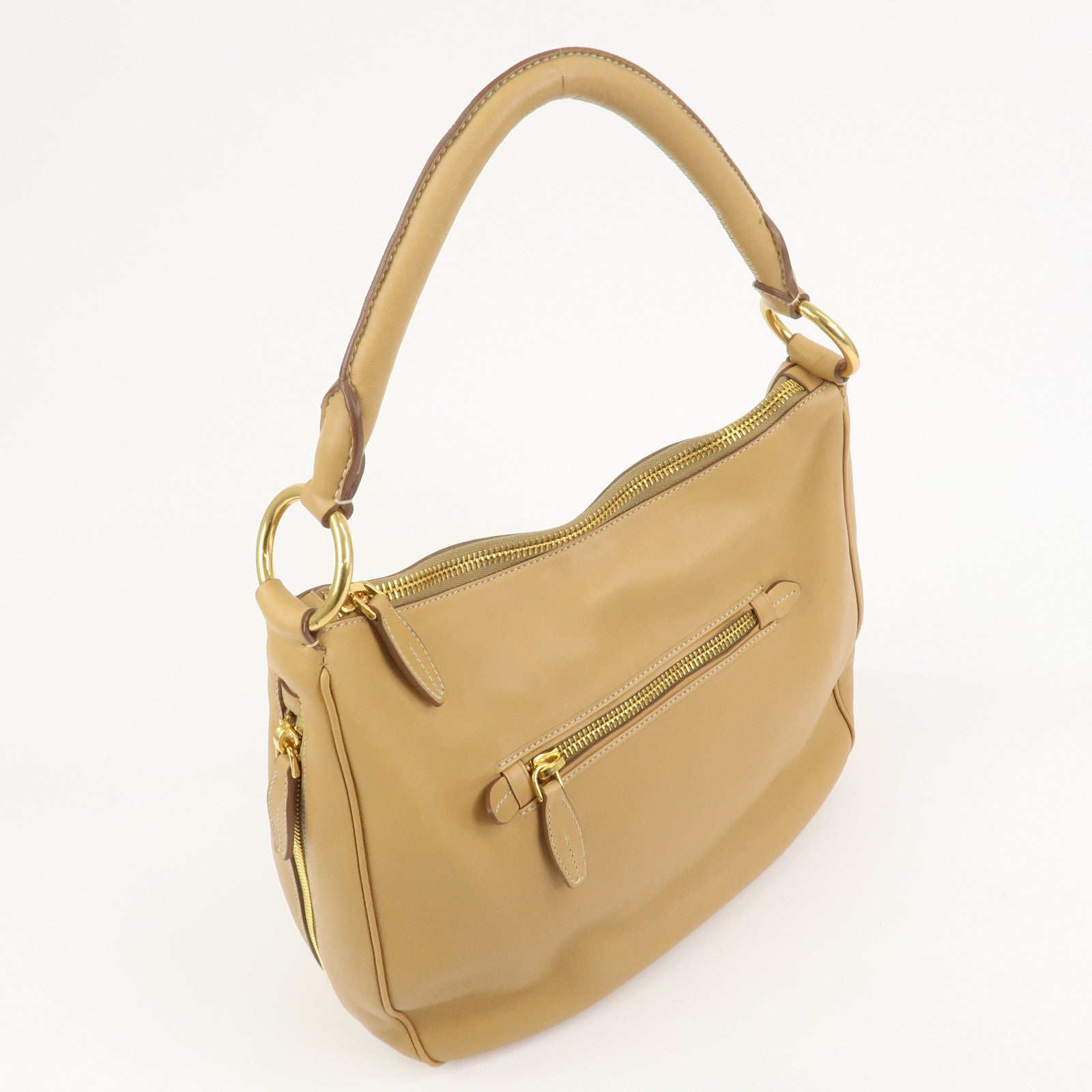 PRADA Triangle Logo Leather Shoulder Bag Hand Bag Camel