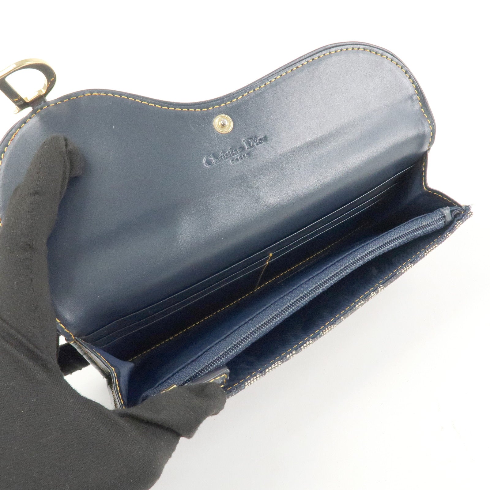 Christian Dior Trotter Canvas Saddle Bi-Fold Long Wallet Navy Used