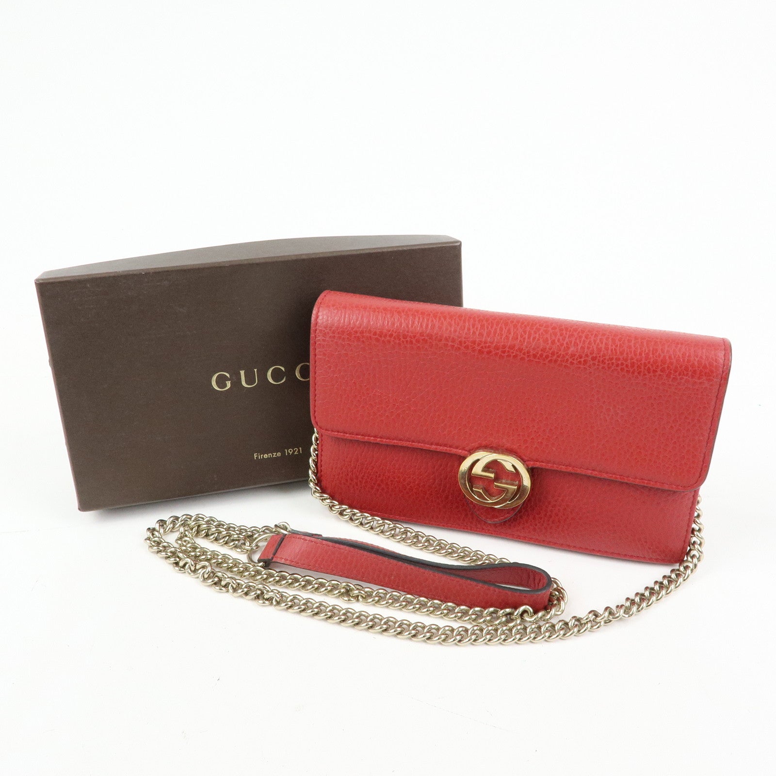 GUCCI Interlocking G Leather Chain Wallet Shoulder Bag Red 510314