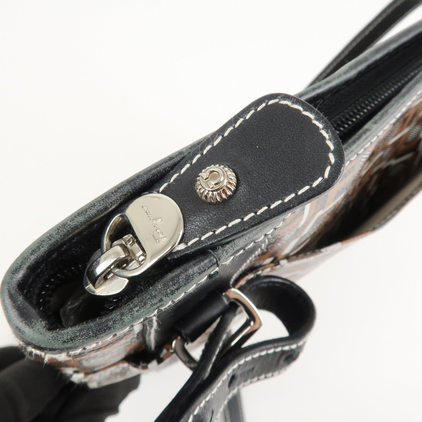 Ferragamo Leather PVC Shoulder Bag Black Brown White