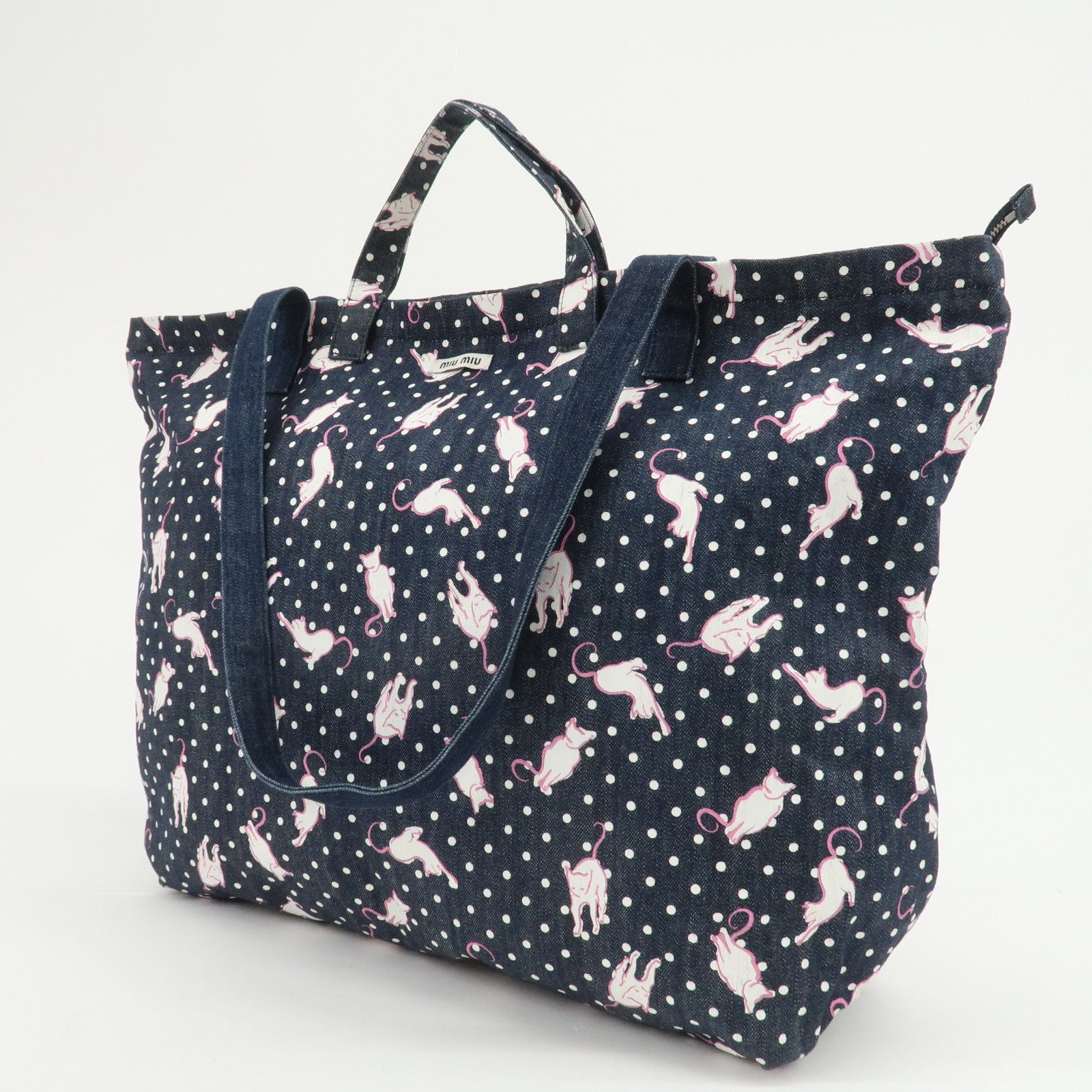 MIU MIU Cats & Dots Print Denim 2Way Tote Bag Blue