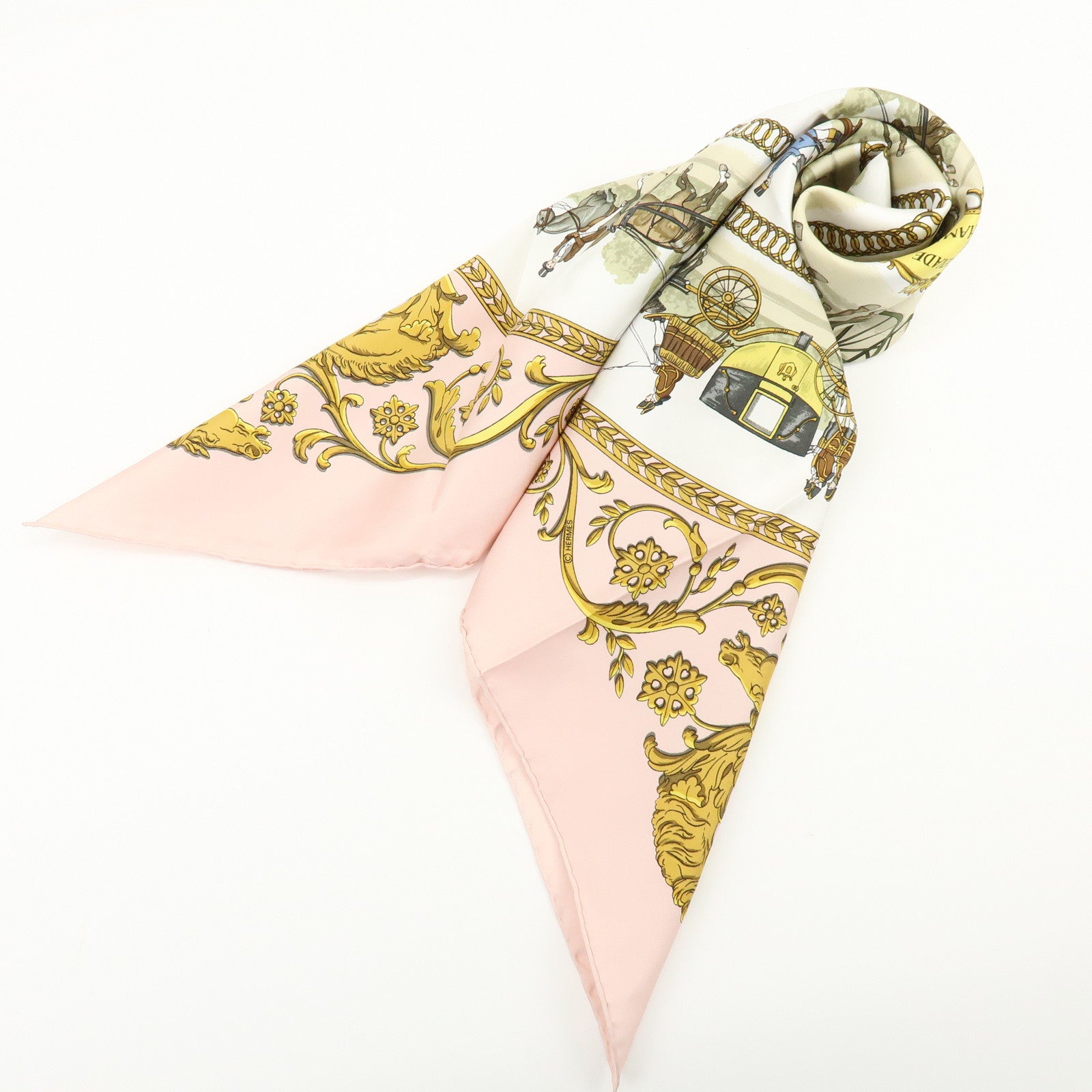 HERMES Carre 90 Silk 100% Scarf LA PROMENADE DE LONGCHAMPS Pink