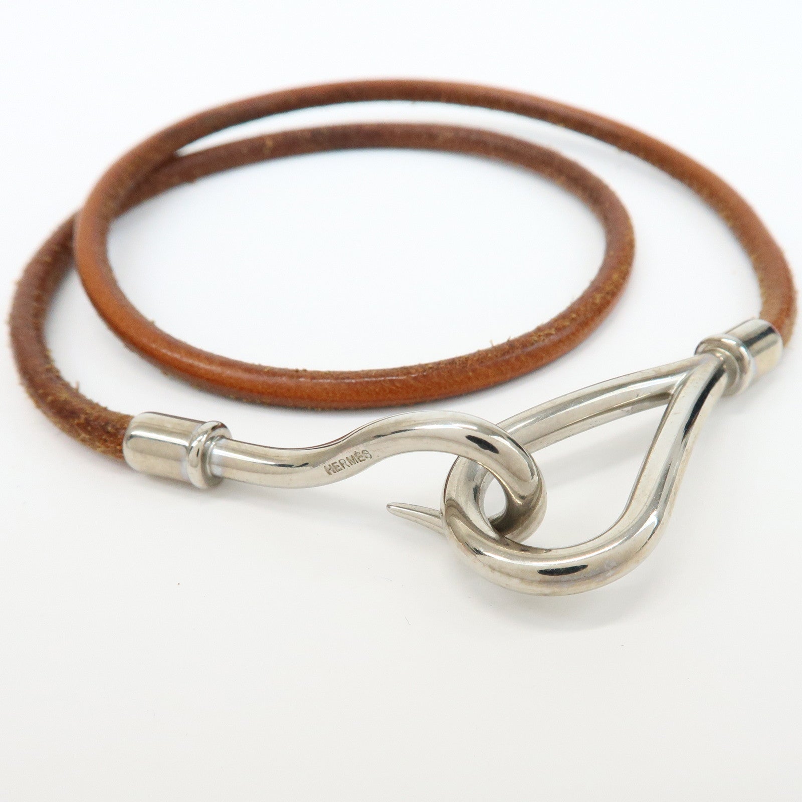 HERMES Set of 2 Jumbo Choker Leather Bracelet Brown Gold Silver
